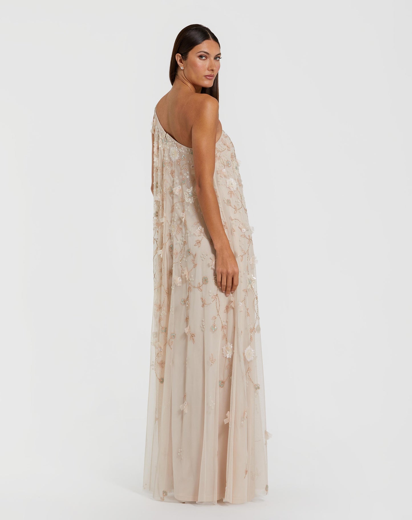 Beige One Shoulder Floral Embellished Trapeze Gown