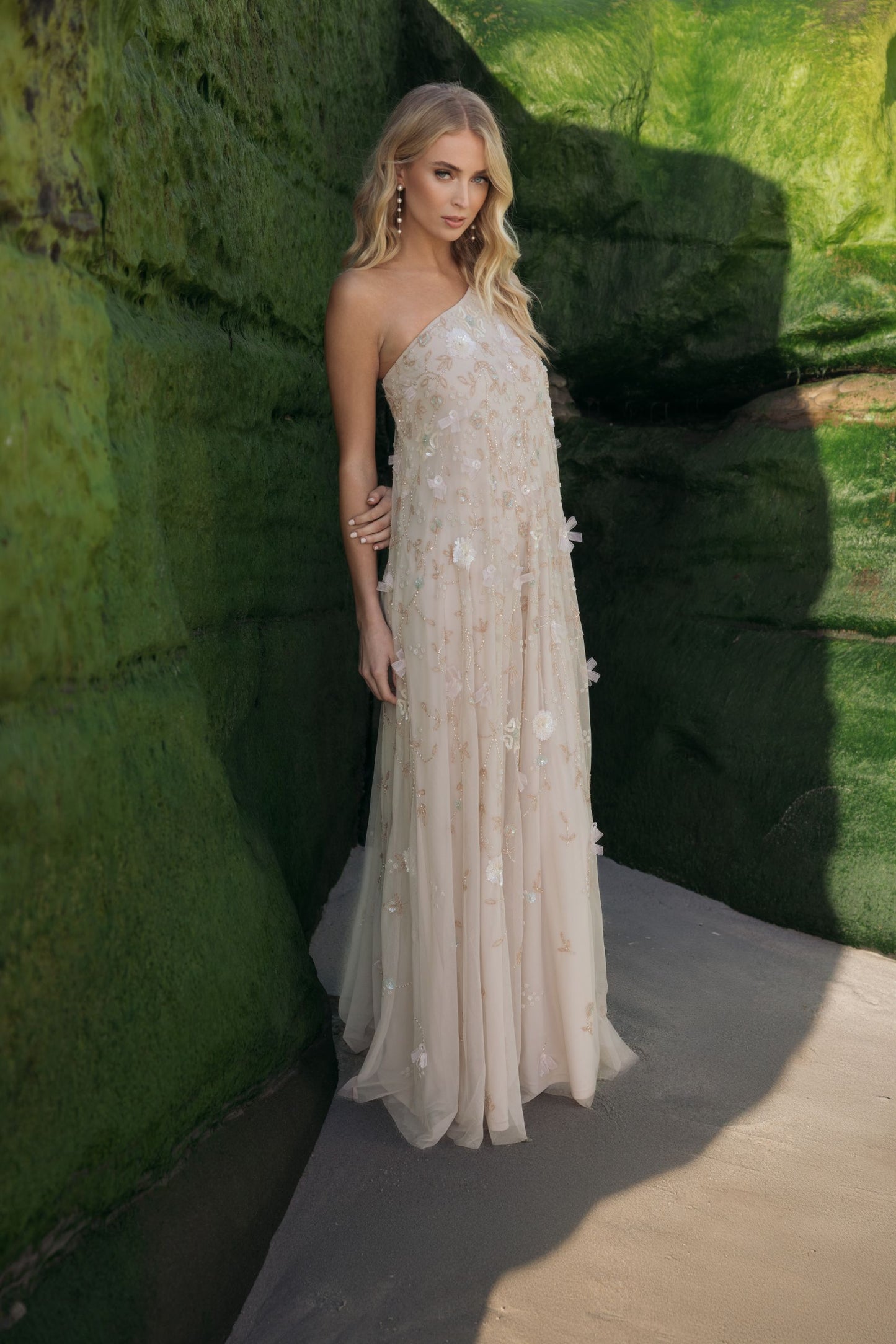 Beige One Shoulder Floral Embellished Trapeze Gown Mac Duggal