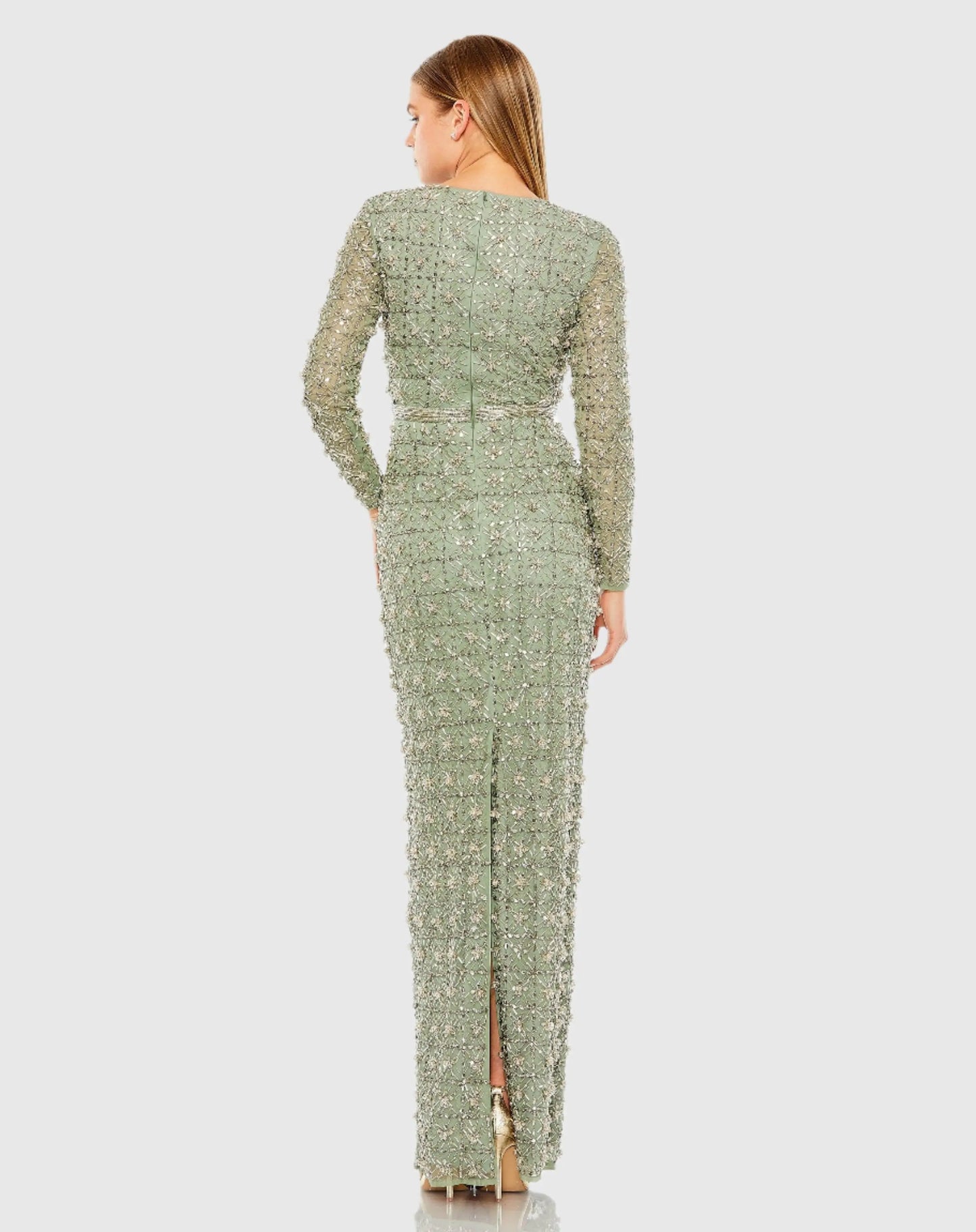 Green Long Sleeve High Neck Beaded Gown - Mac Duggal