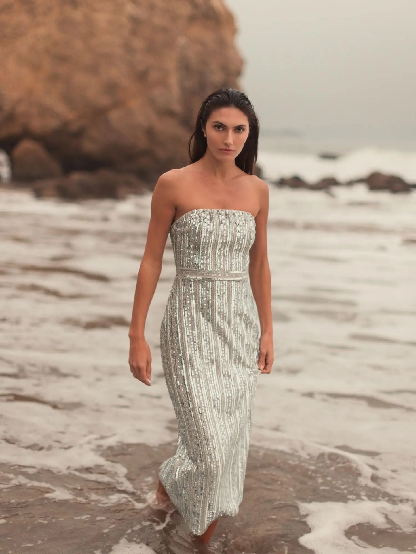 Silver and Beige Embellished Strapless Sheath Dress - Mac Duggal