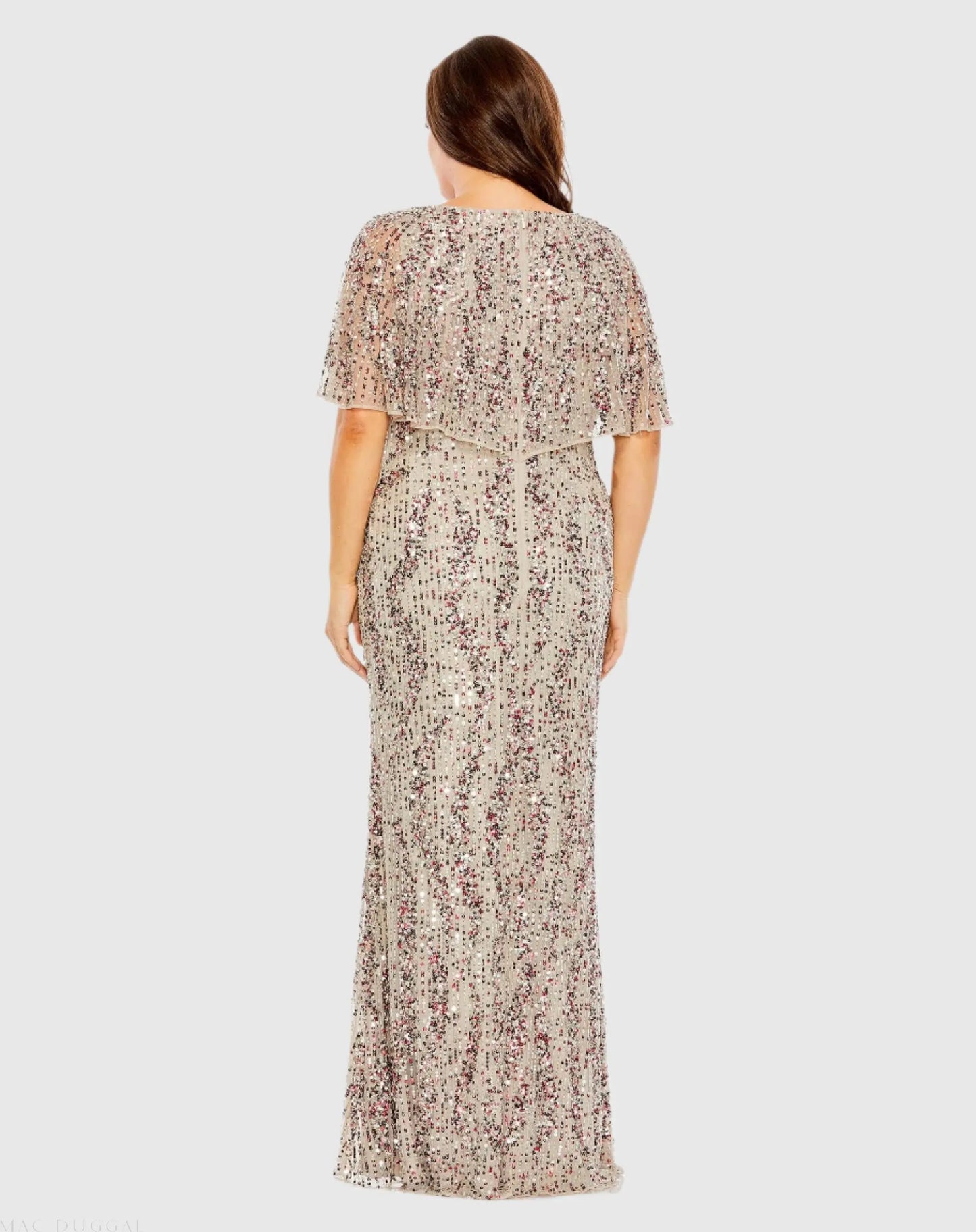 Beige High Neck Column Gown with Cape - Mac Duggal