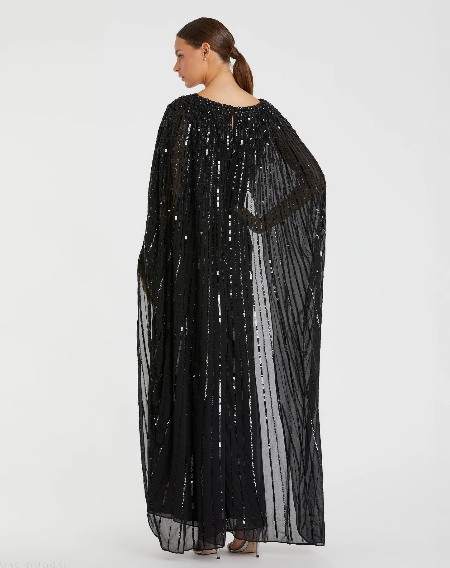 Black Embellished Beaded Column Cape Gown - Mac Duggal