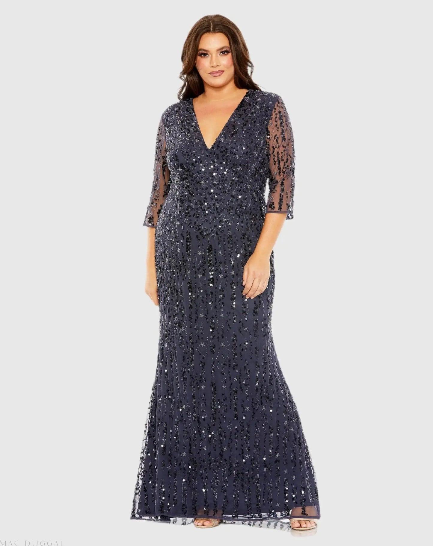 Navy Mid Length Mesh Sleeve V Neck Embellished Gown - Mac Duggal