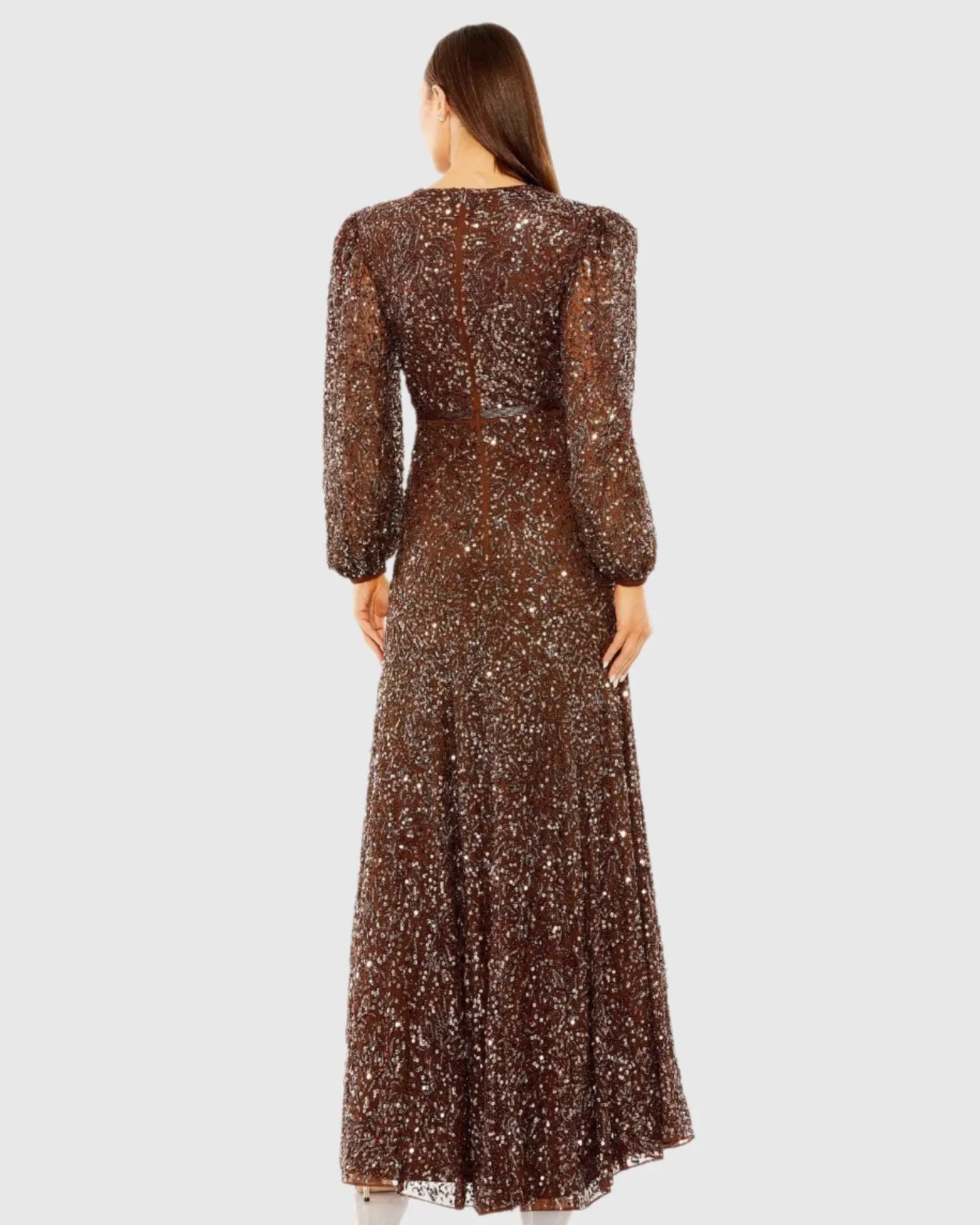 Brown Sheer Long Sleeve Embellished Gown - Mac Duggal