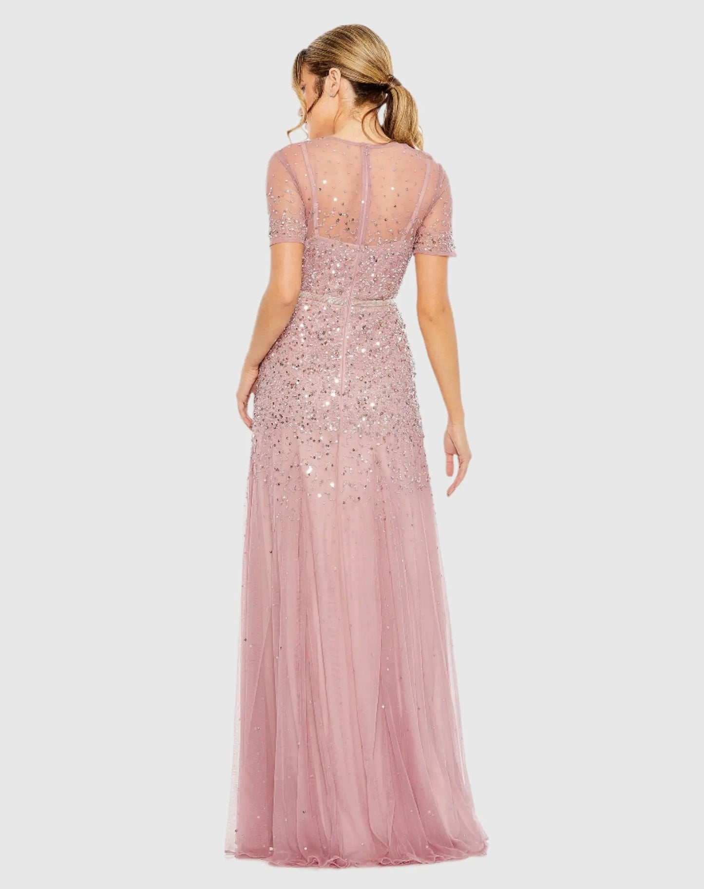 Pink High Neck Short Sleeve Sequin Embellished Gown - Mac Duggal