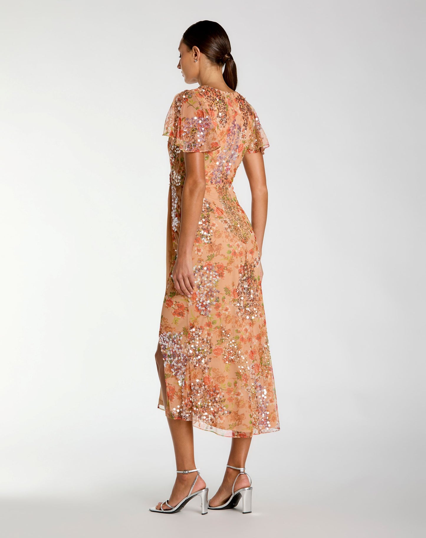 Orange Embellished Floral Flutter Sleeve Midi Dress - Mac Duggal