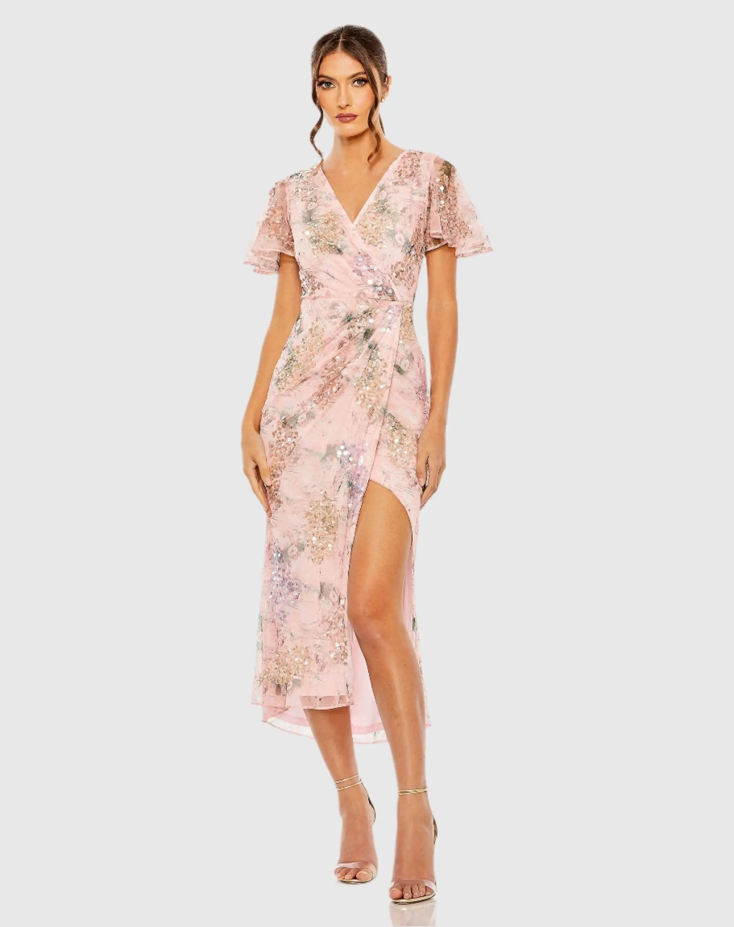 Pink Printed Mesh Flutter Sleeve Faux Wrap Midi Dress - Ieena for Mac Duggal