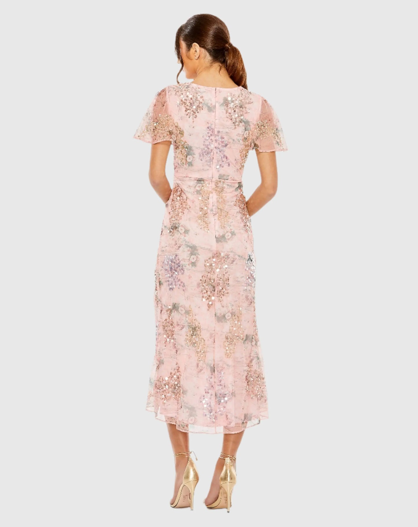 Pink Printed Mesh Flutter Sleeve Faux Wrap Midi Dress - Ieena for Mac Duggal