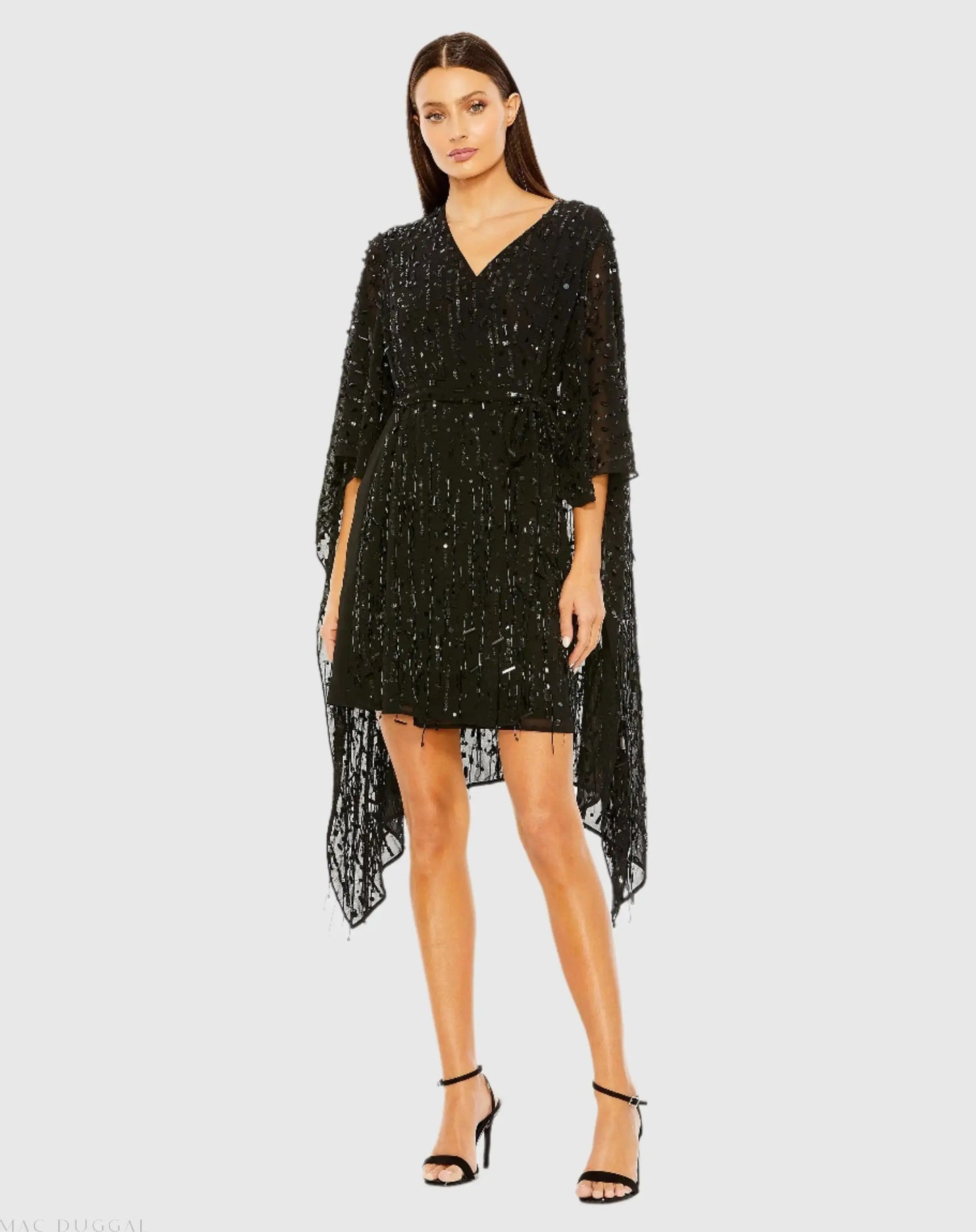 Black Cape Back Fringe Beaded Robe Dress - Mac Duggal