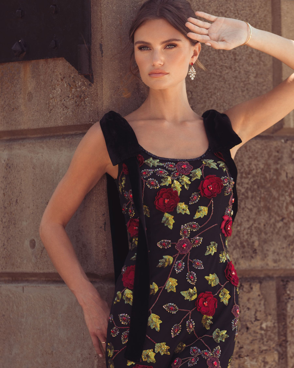 Black Red 3D Floral Embellished Gown with Velvet Bows Mac Duggal