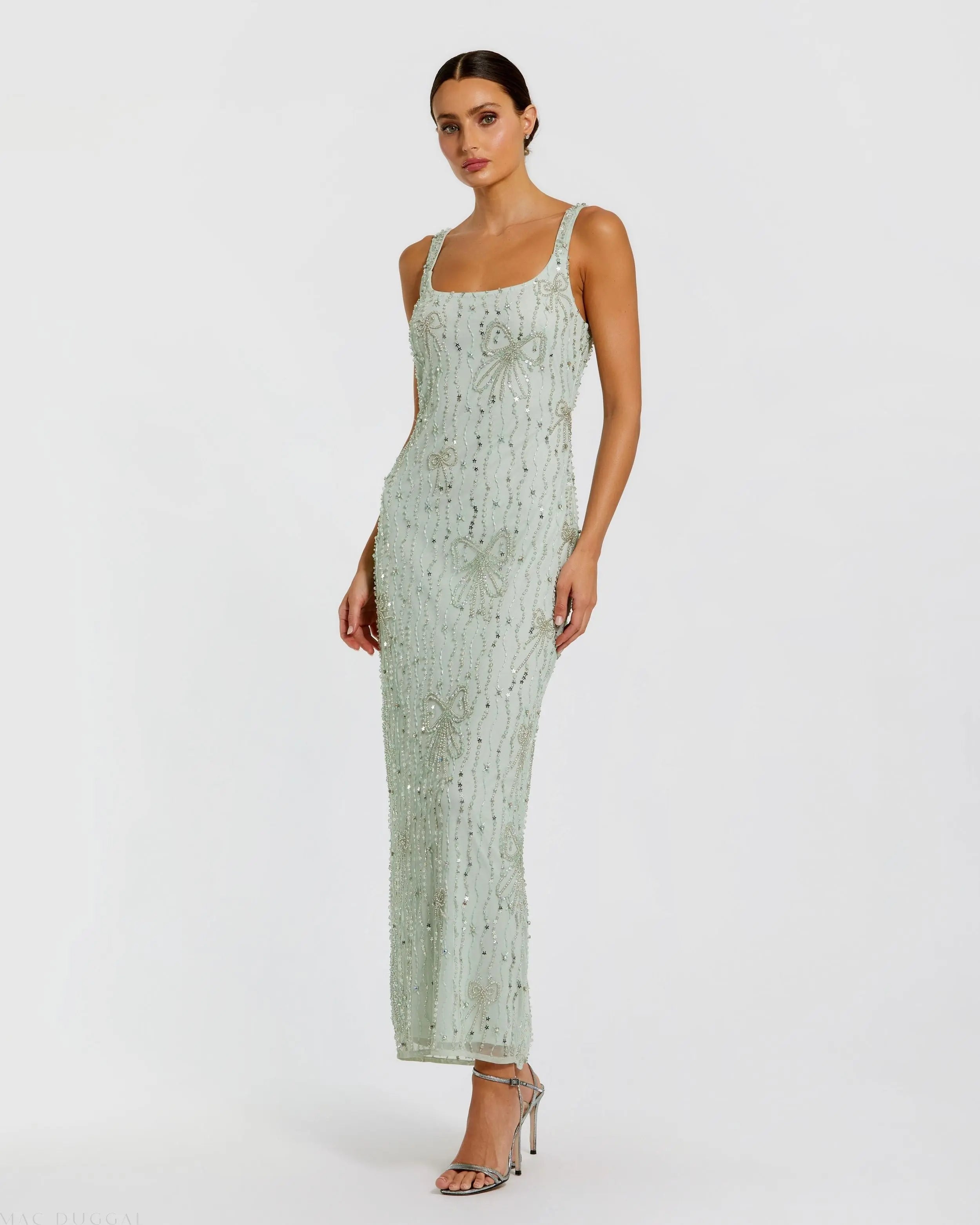 Green Scoop Neck Embellished Dress With Bow Detail Green Scoop Neck Embellished Dress With Bow Detail