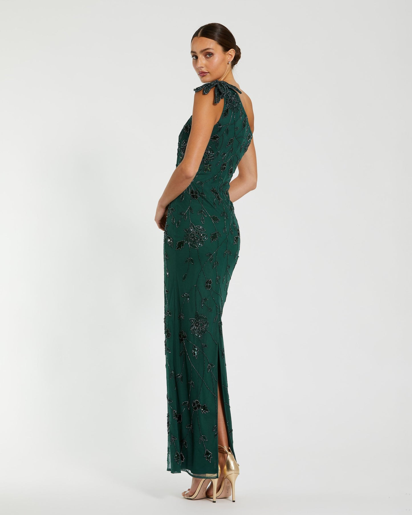 Green Floral Beaded One Shoulder Gown - Mac Duggal