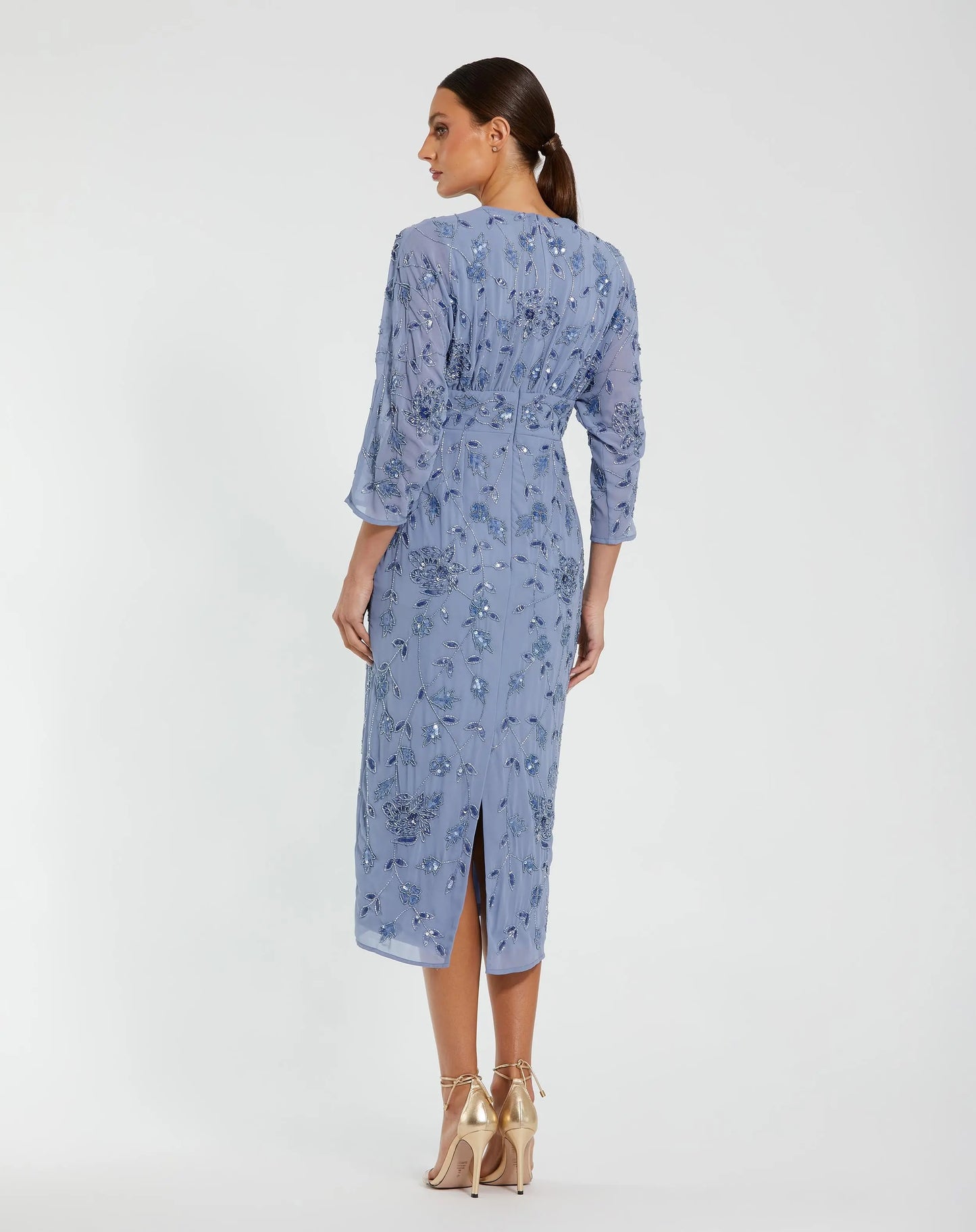 Blue Floral Embellished Midi Dress with 3/4 Sleeves Mac Duggal