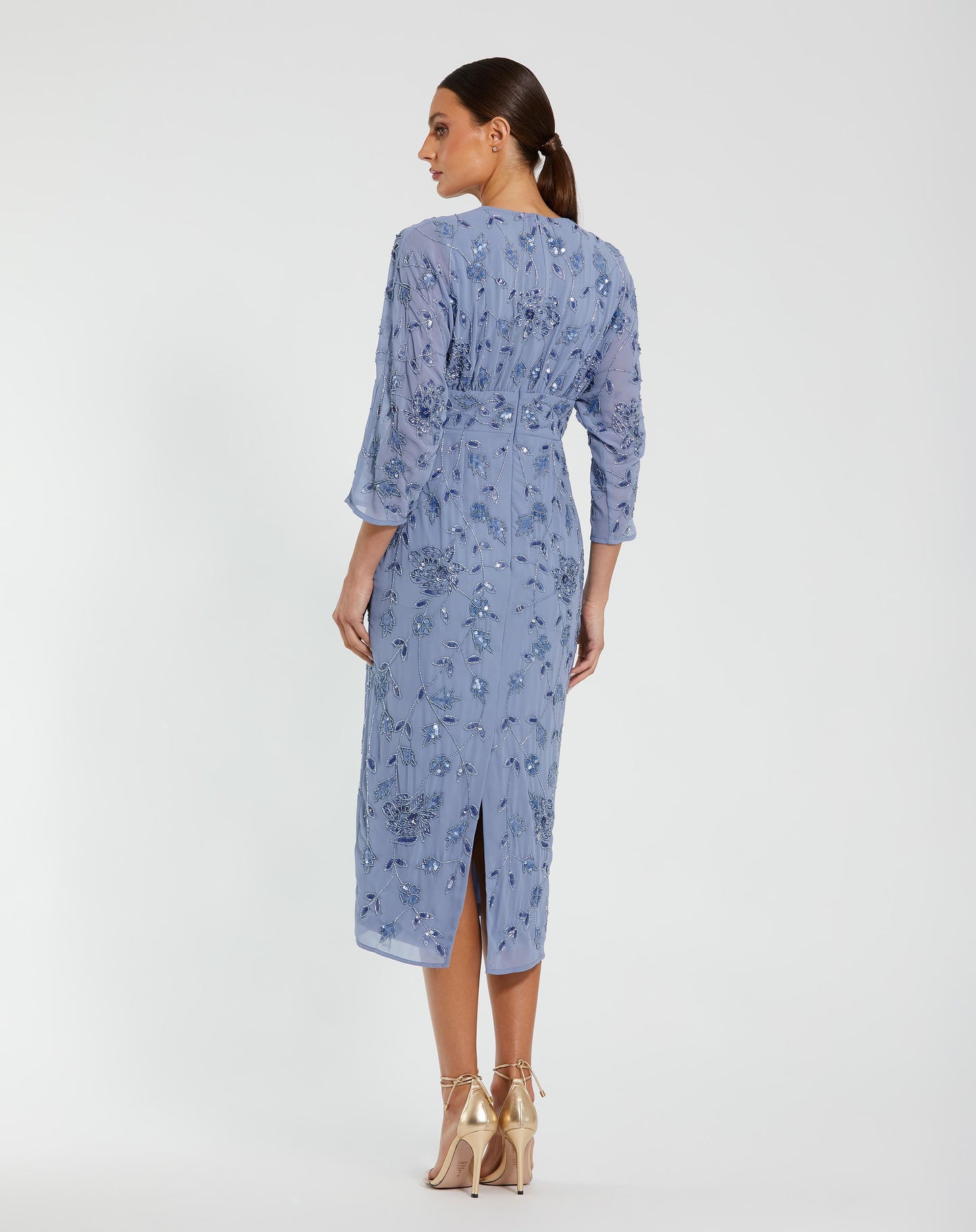 Blue Floral Embellished Midi Dress with 3/4 Sleeves - Mac Duggal