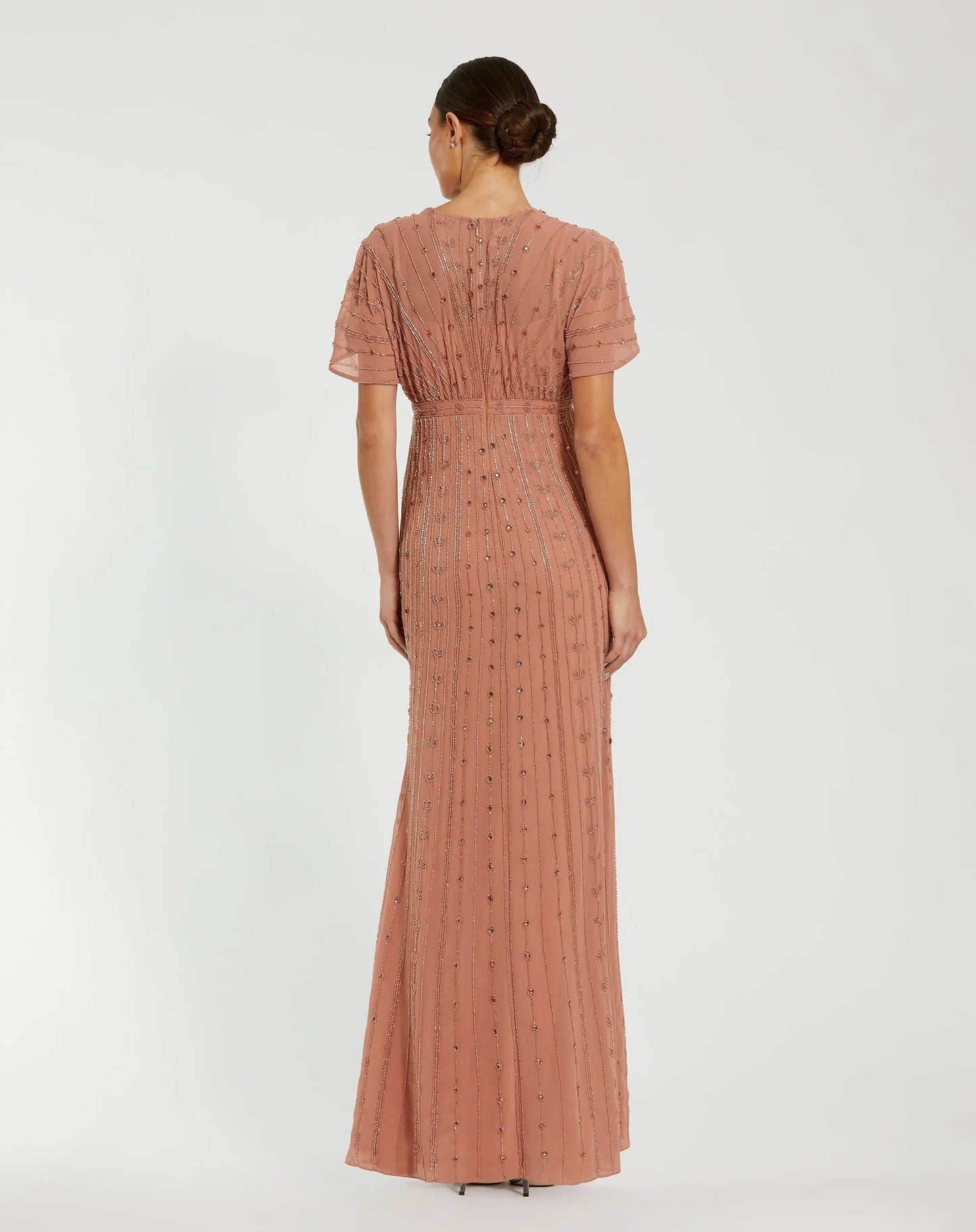 Pink Beaded Short Sleeve V-Neck Gown Mac Duggal