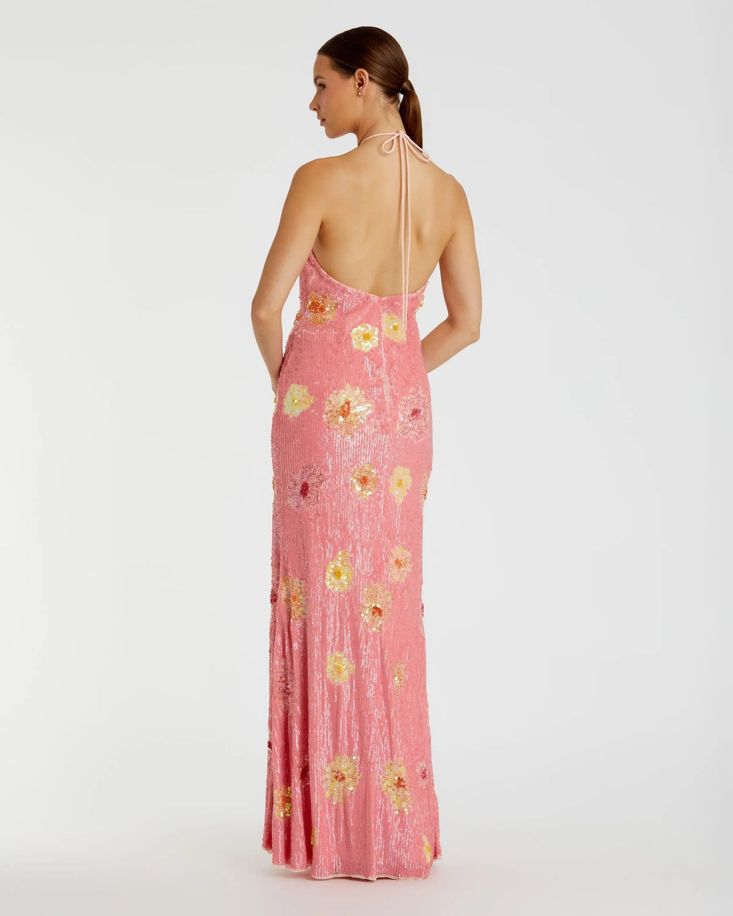 Pink Floral Sequin Halter Gown With 3D Flower Mac Duggal