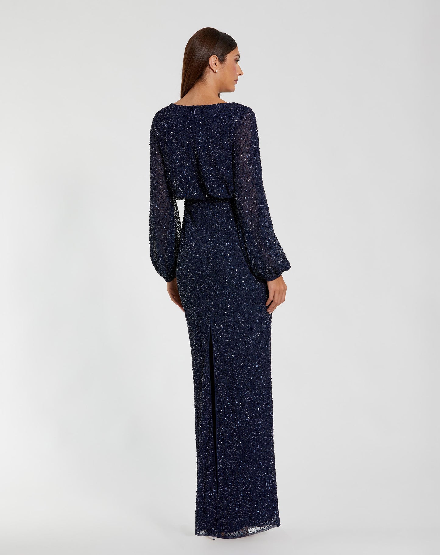 Navy Sequin Blouson Long Sleeve Gown - Mac Duggal