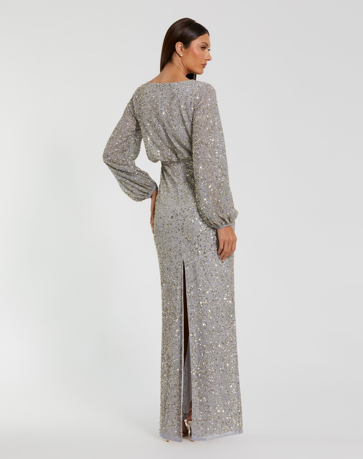 Gray Sequin Blouson Long Sleeve Gown Mac Duggal