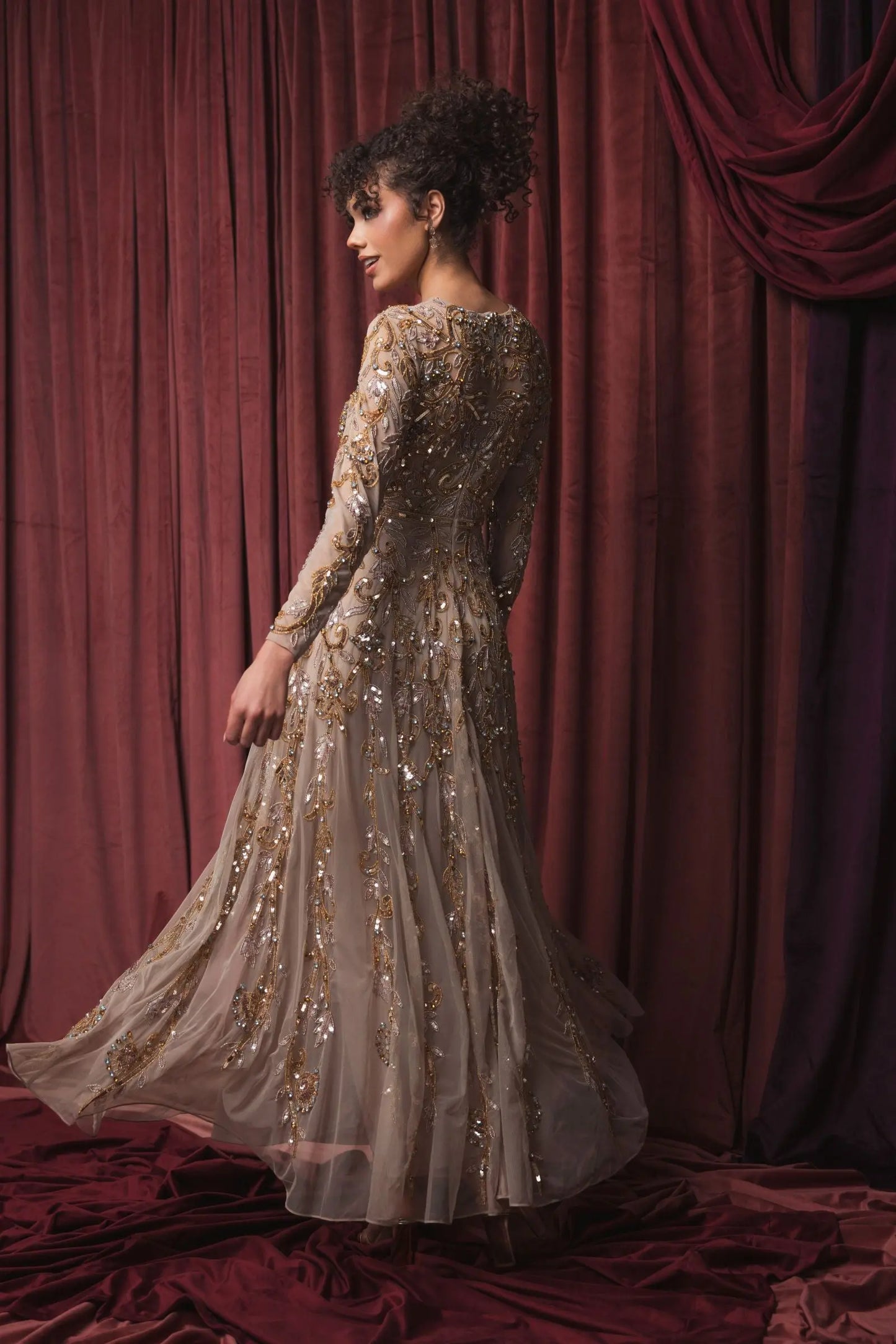 Beige Long Sleeve Hand Embellished Gown Mac Duggal