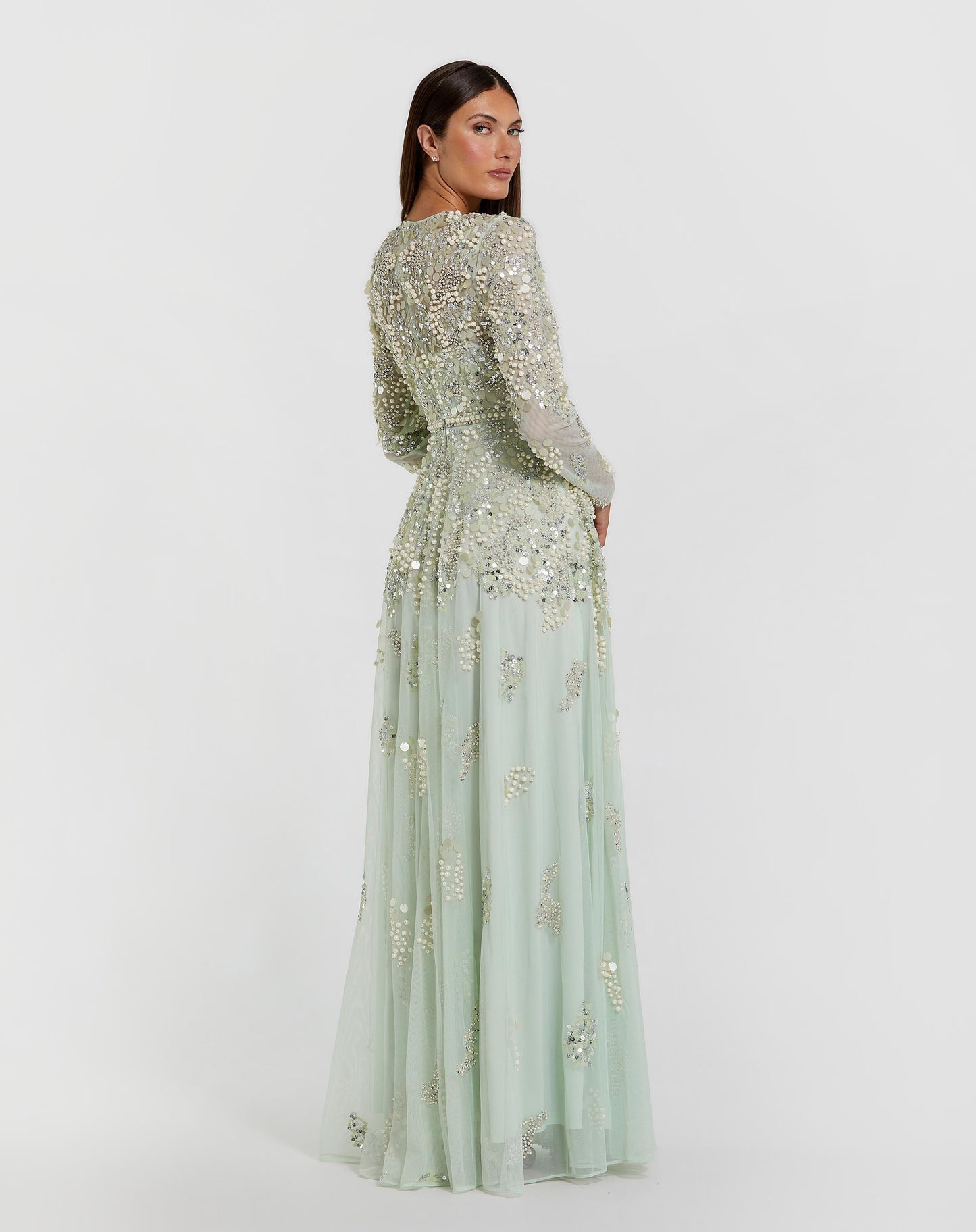 Green Long Sleeve Sequin Pearl Embellished Gown Mac Duggal
