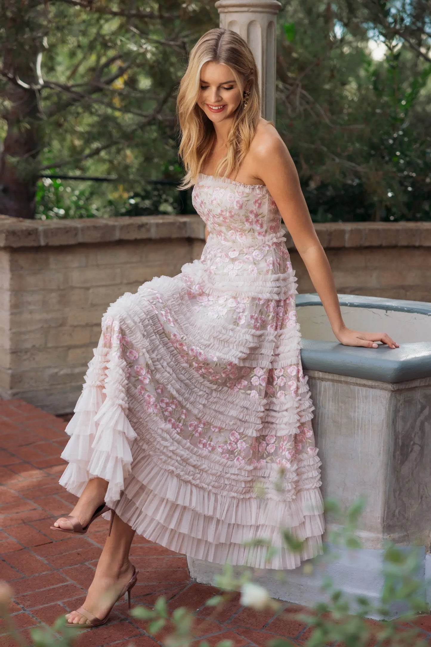 Pink Floral Embroidered Strapless Ruffle Midi Dress - Mac Duggal