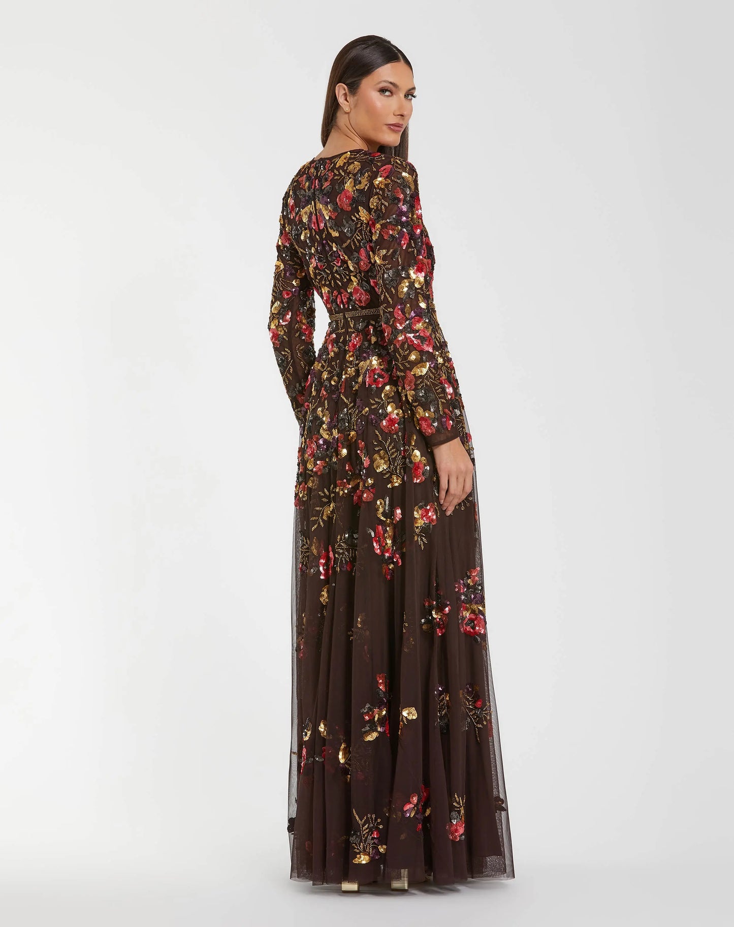 Brown Long Sleeve Floral Embellished Evening Gown - Mac Duggal