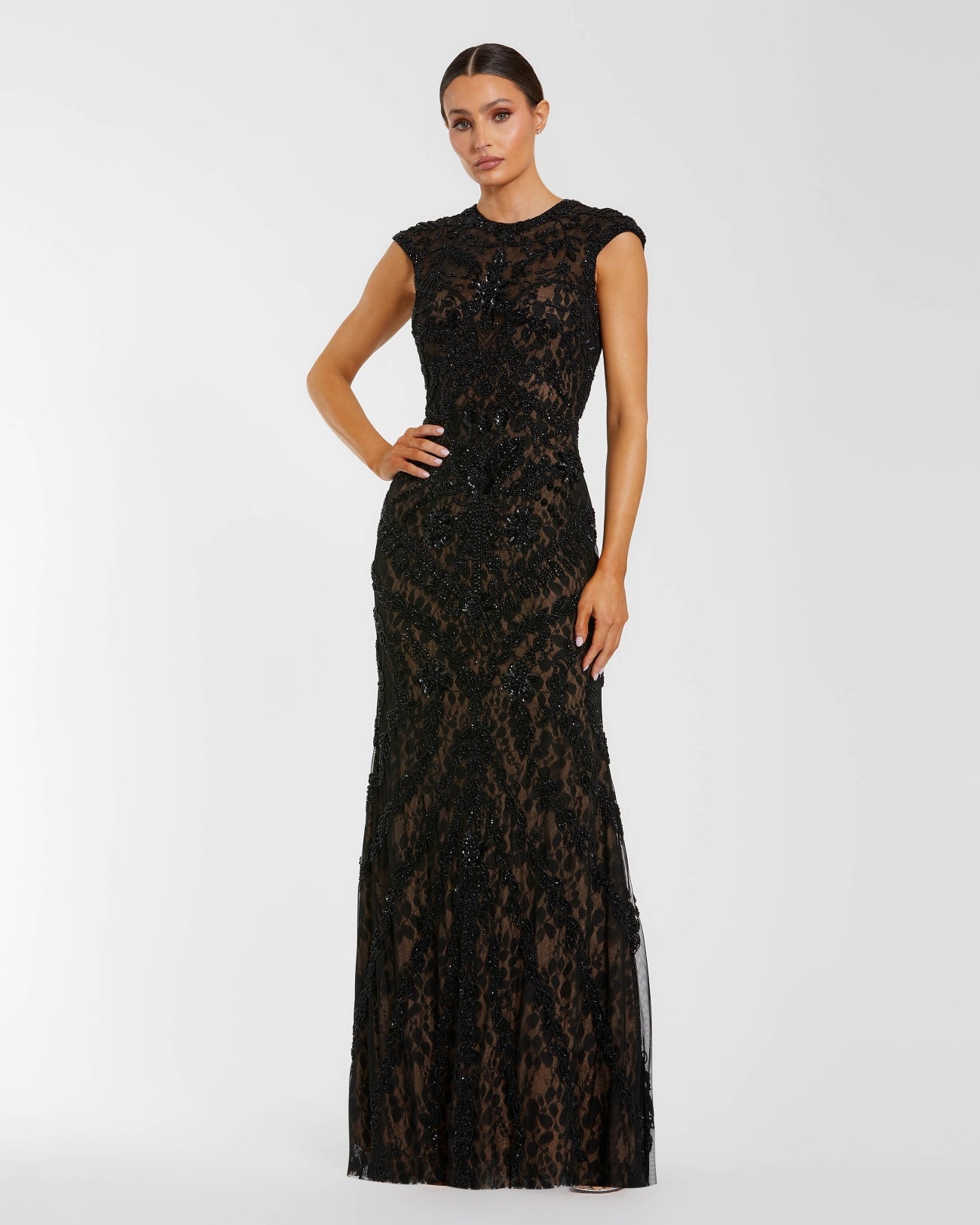 Black Embellished Lace Cap Sleeve Evening Gown | Mac Duggal