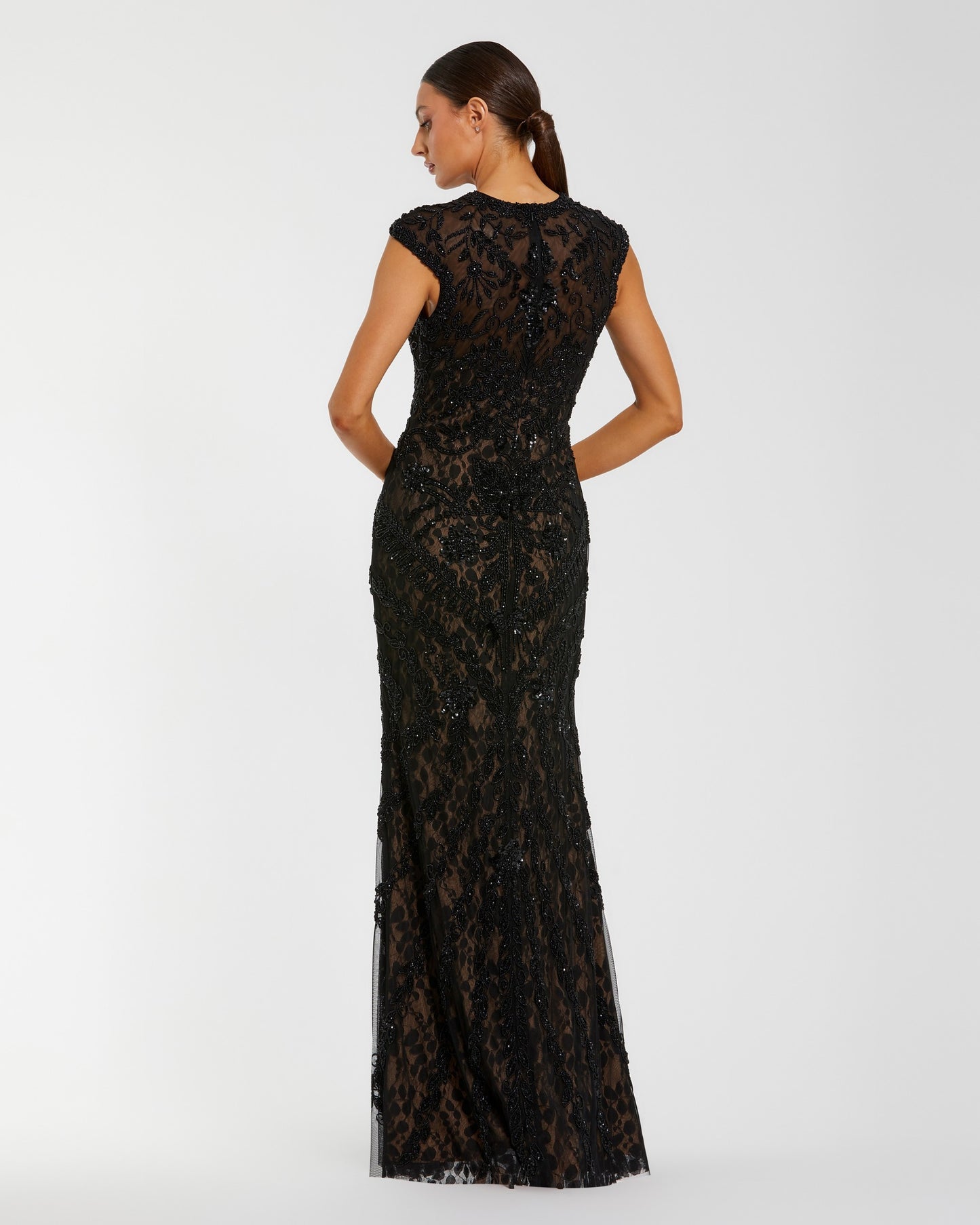 Black Embellished Lace Cap Sleeve Column Evening Gown - Mac Duggal