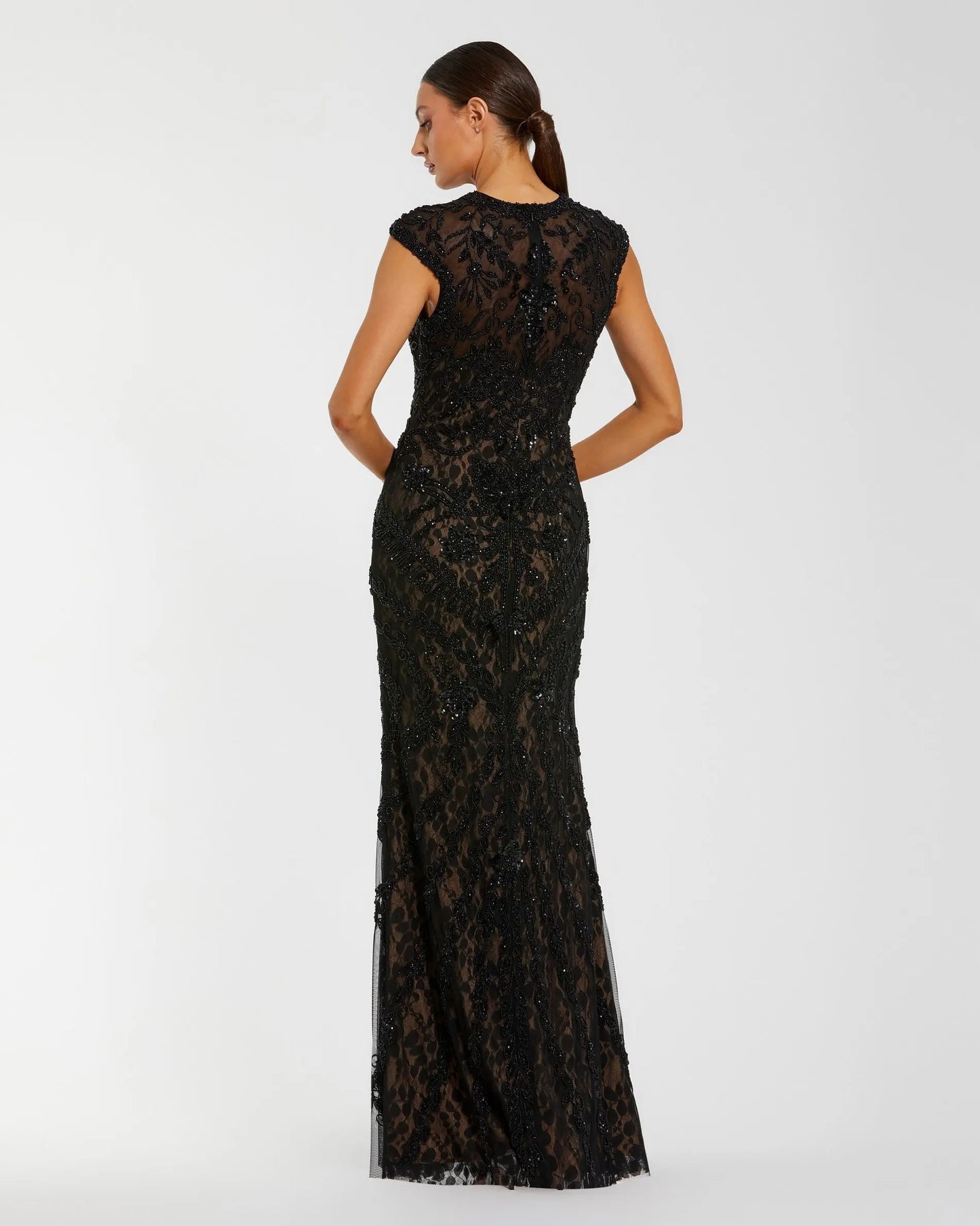 Black Embellished Lace Cap Sleeve Column Evening Gown - Mac Duggal