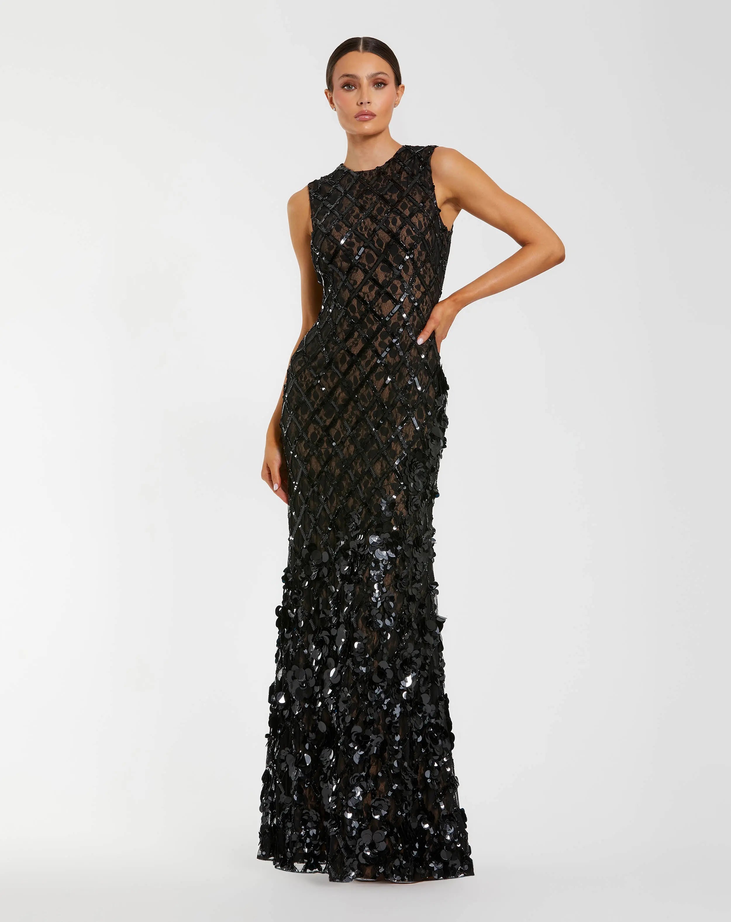Mac Duggal Sleeveless Beaded Sequin Mesh Mermaid Gown