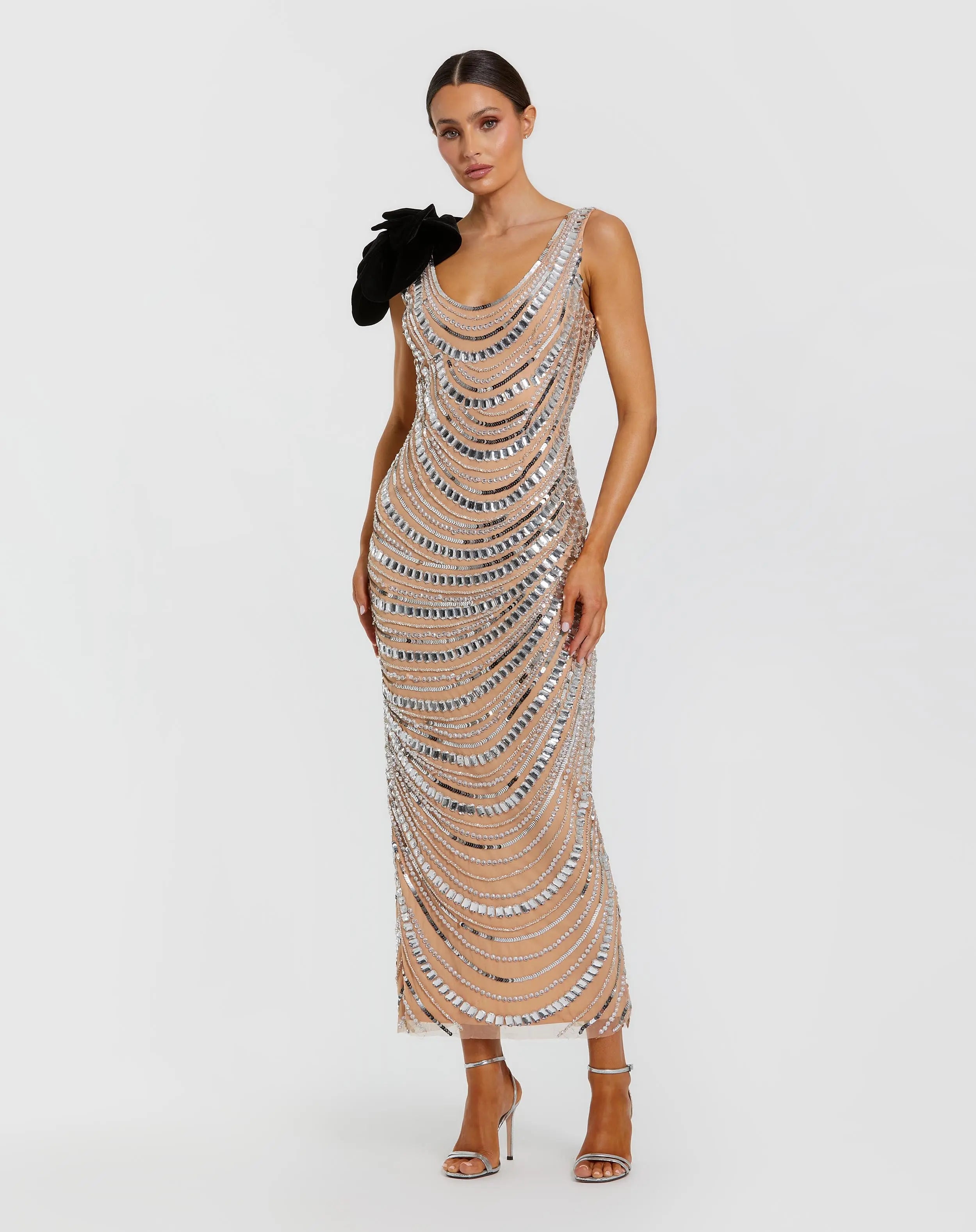 Silver Nude Sequin Cowl Maxi Dress With Velvet Flower