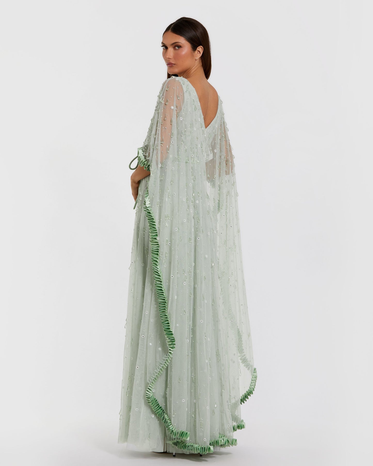 Green Beaded Cape Sleeve Gown with Ruffle Trim