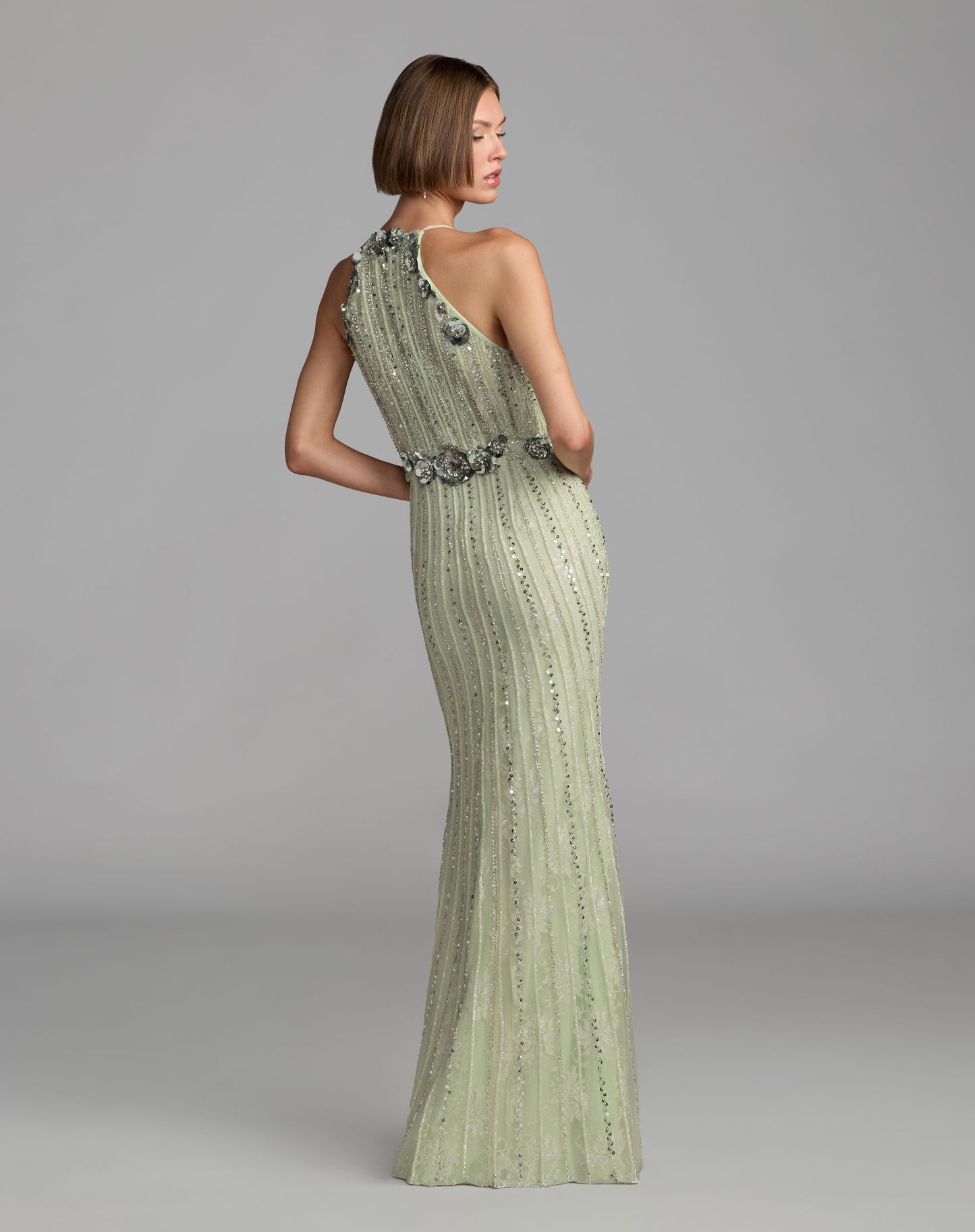 Green Sleeveless 3D Floral Embellished Column Gown - Mac Duggal