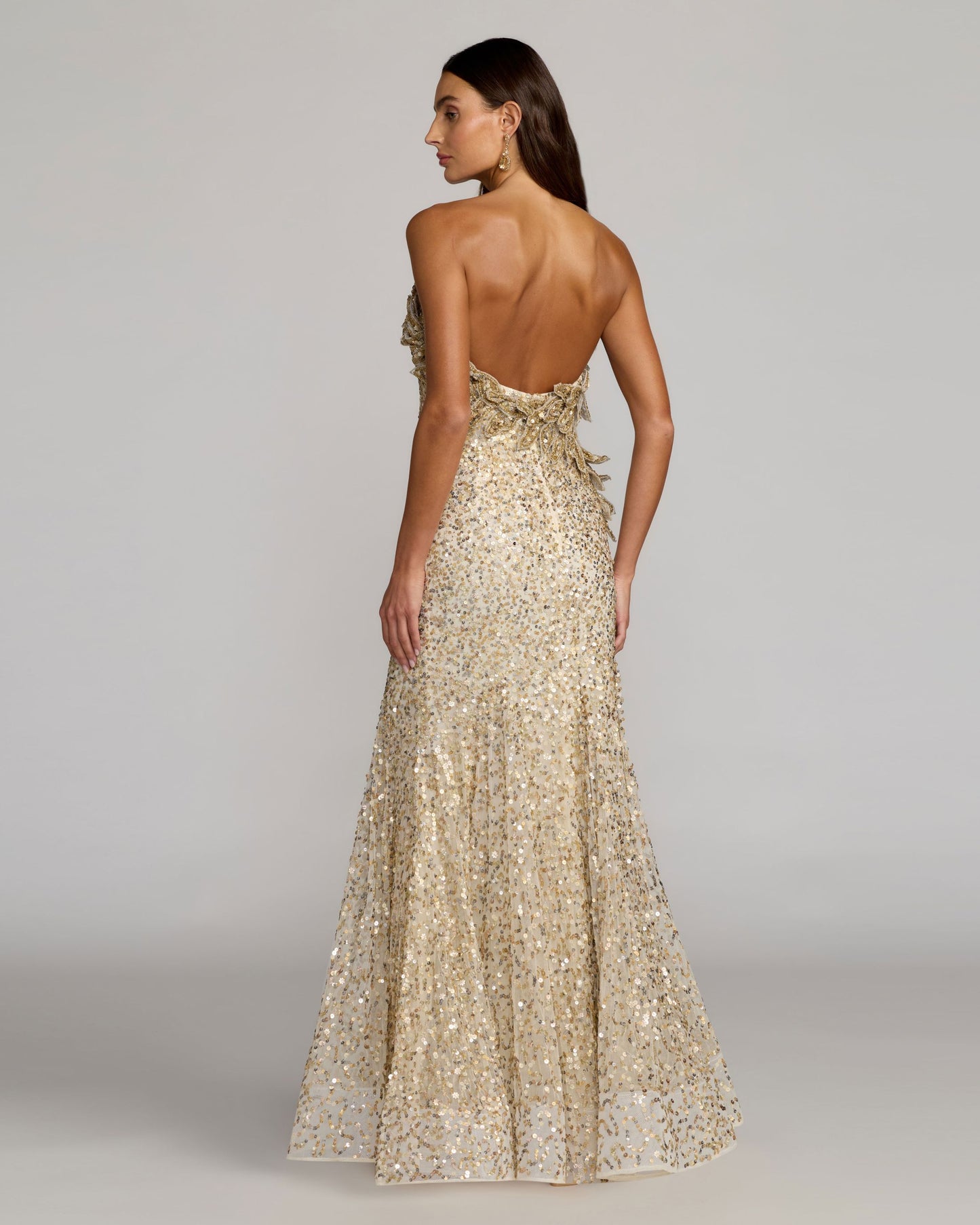 Gold Strapless Mermaid Gown With 3D Floral Appliqué Mac Duggal