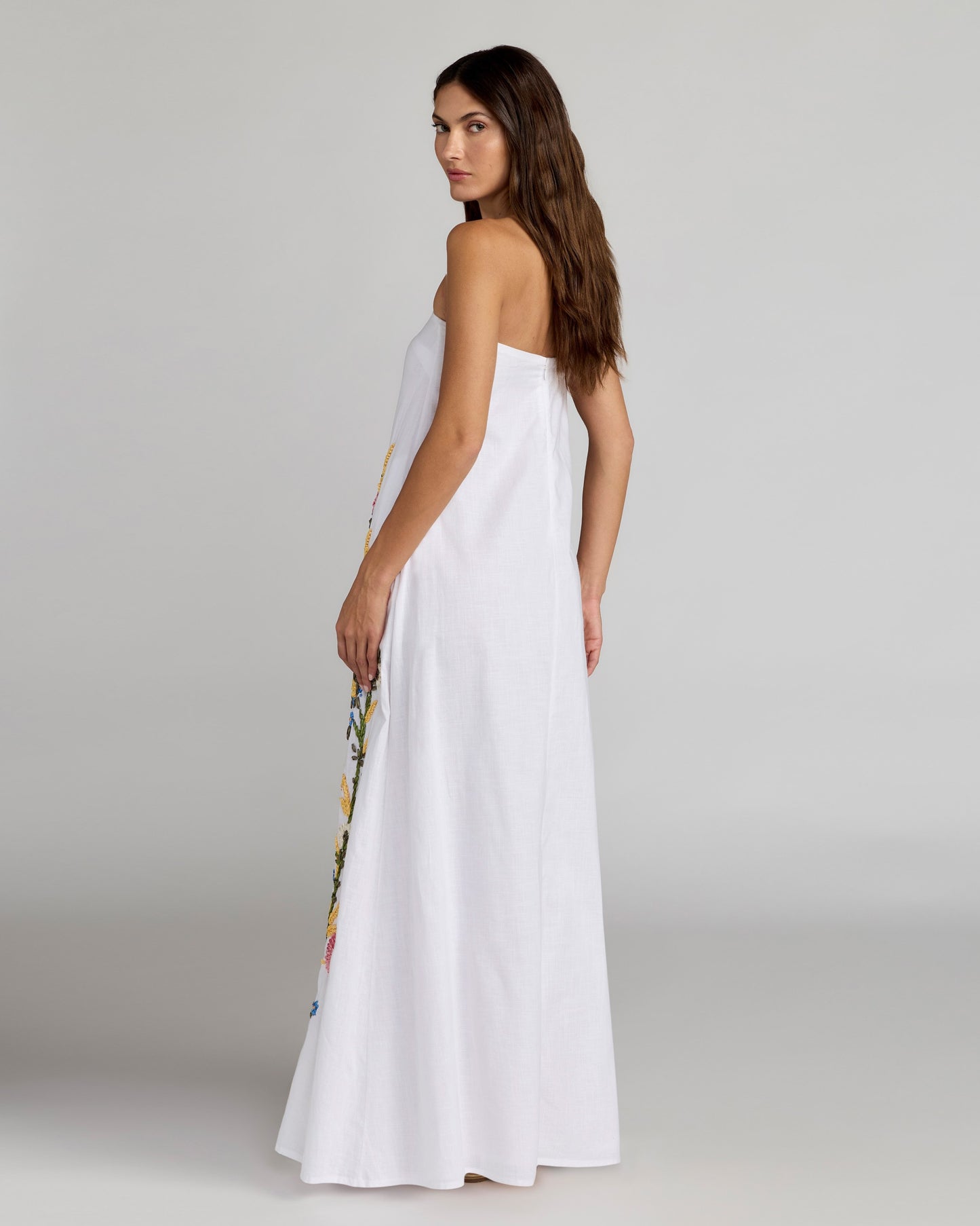 White Strapless Floral Embroidered Linen Gown