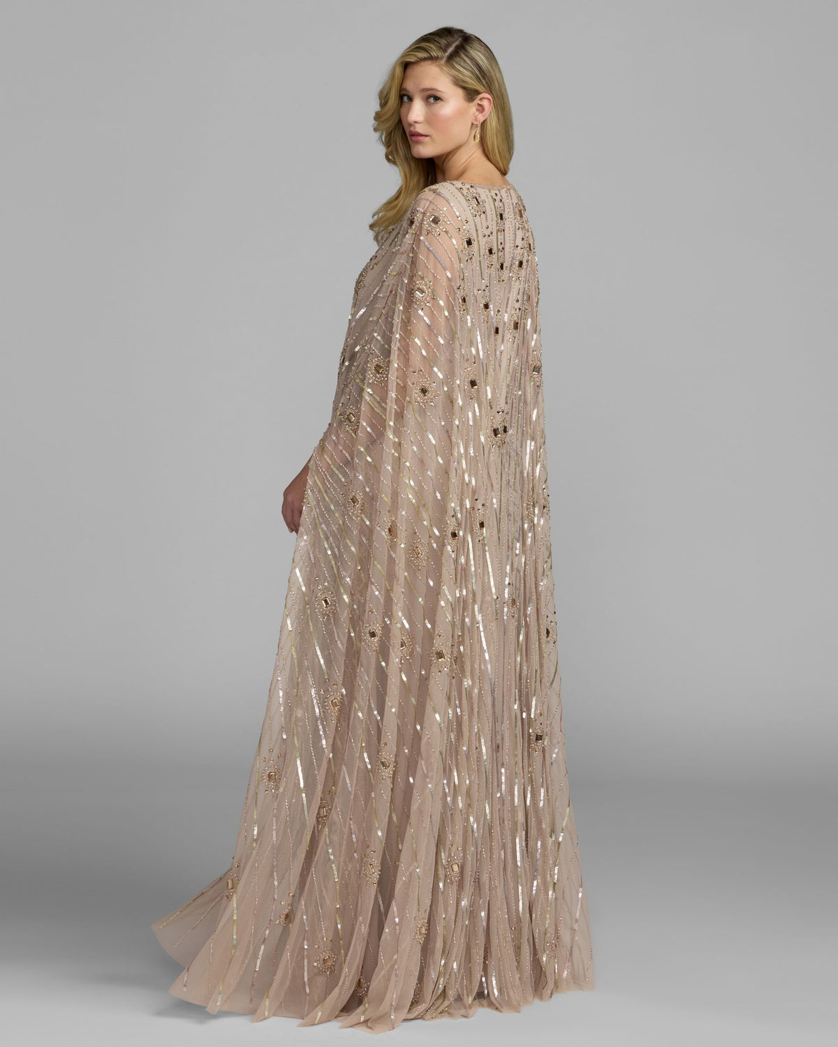 Champagne Beaded Boat Neck Kaftan Gown - Mac Duggal