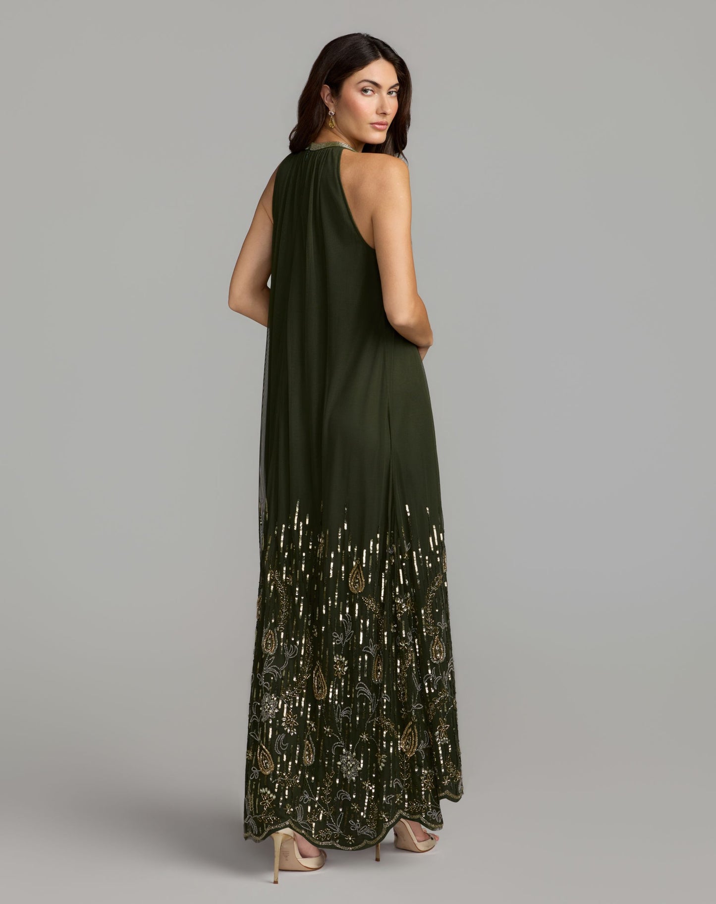 Green Sleeveless Embellished Scallop Hem Trapeze Dress - Mac Duggal