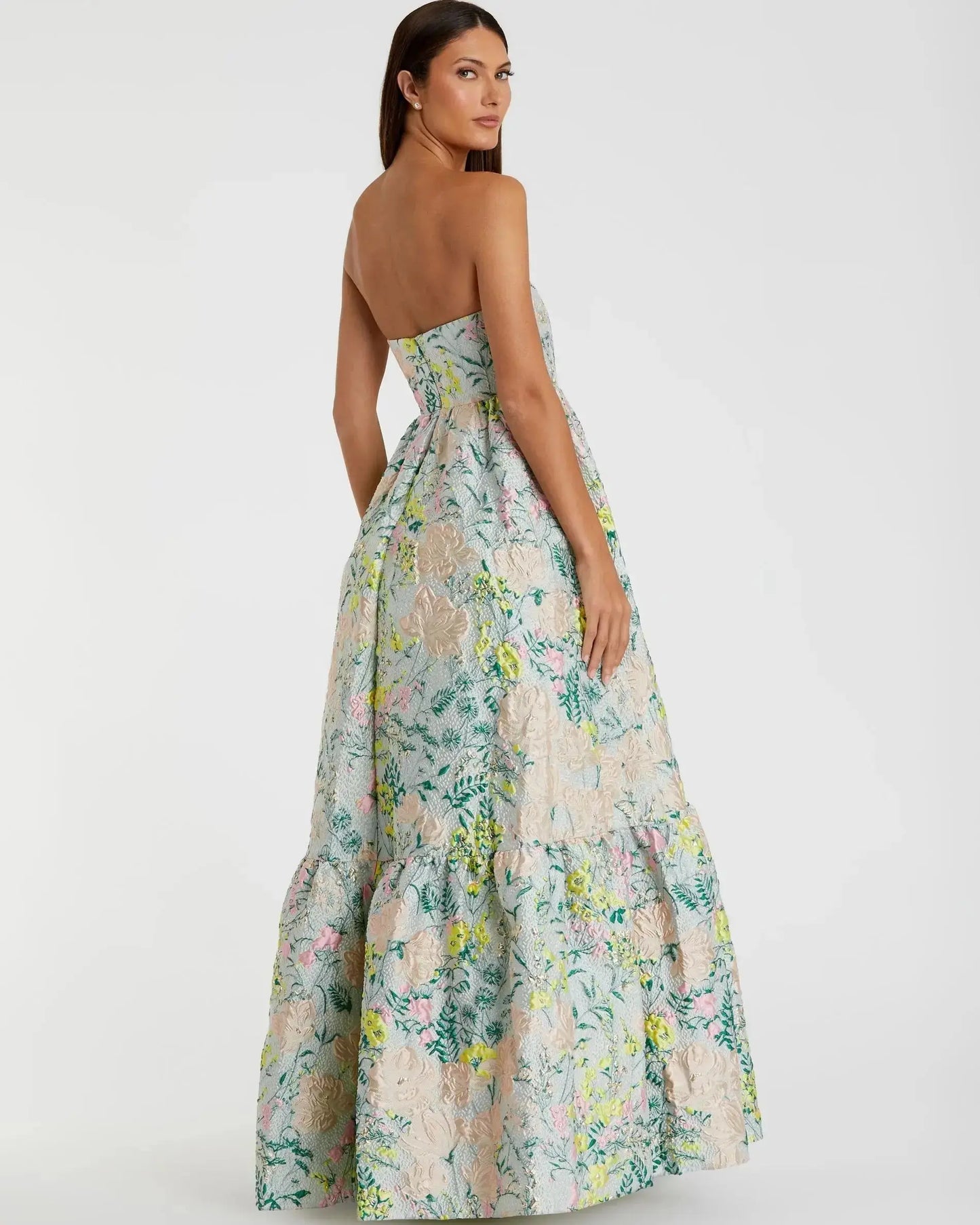 Petite Floral Brocade Strapless A Line Gown Mac Duggal