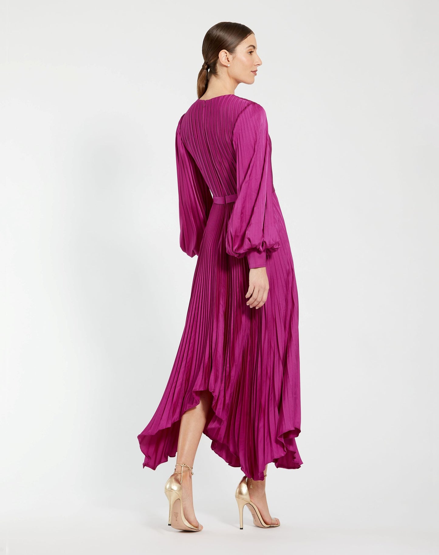Petite Purple Long Sleeve Pleated Charmeuse Handkerchief Dress - Mac Duggal