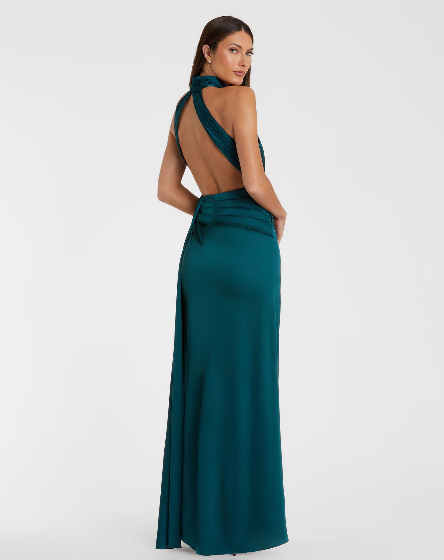 Petite Blue Open Back High Neck Side Ruched Gown - Ieena for Mac Duggal