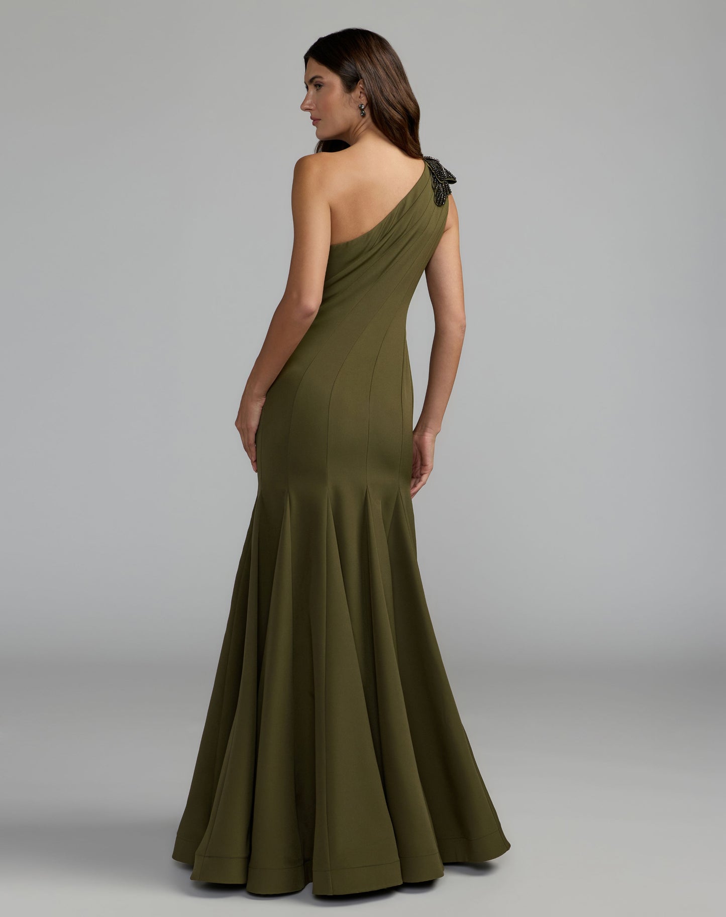 Petite Green Crepe One Shoulder Gown With Crystal Flower - Mac Duggal