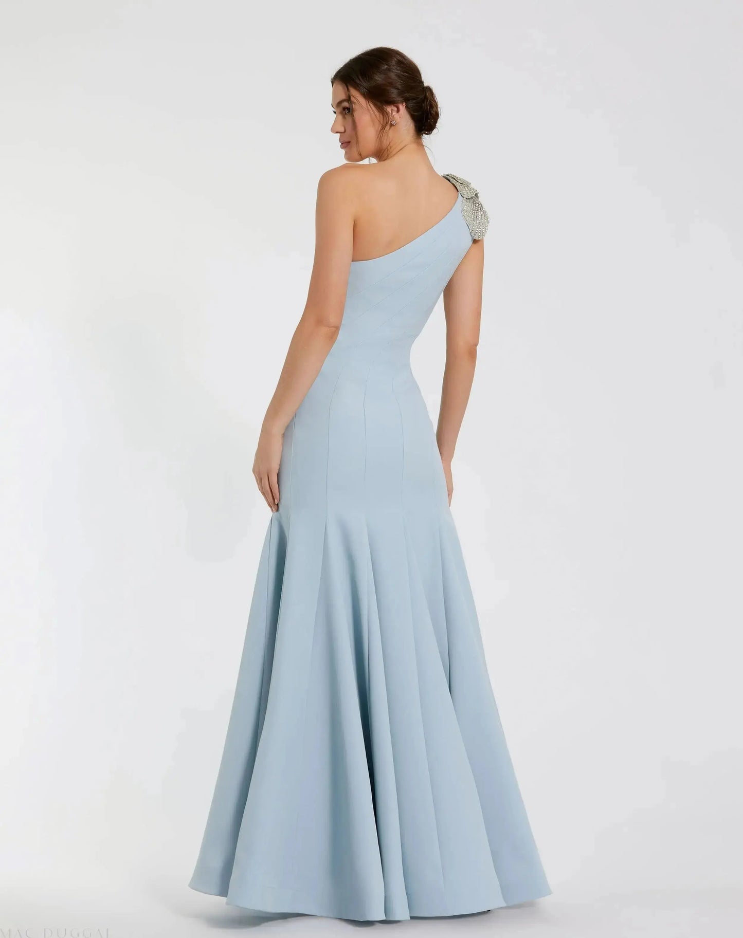 Blue Petite Crepe One Shoulder Mermaid Gown With Flower Mac Duggal