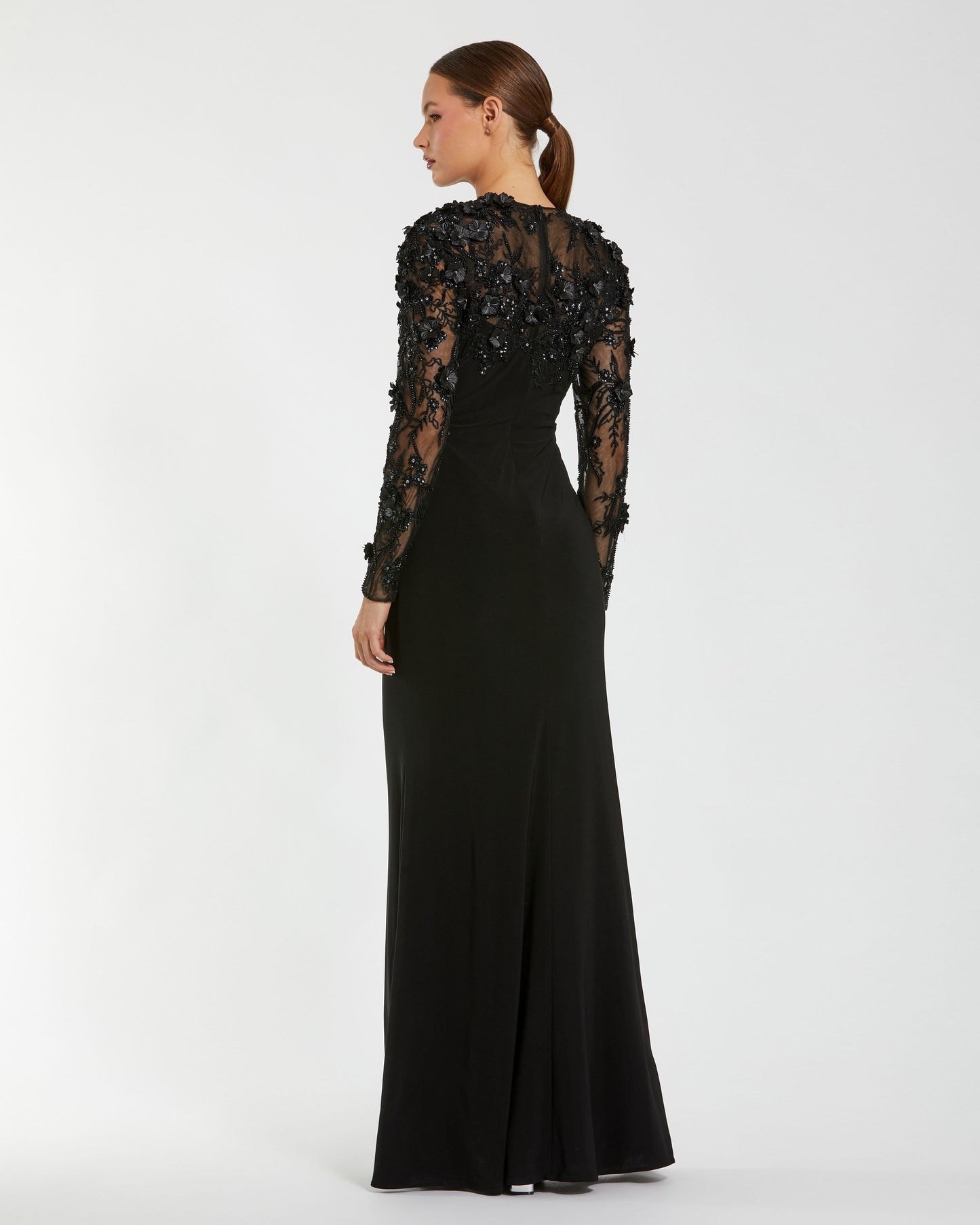 Petite Black Long Sleeve Floral Embellished Column Gown Mac Duggal