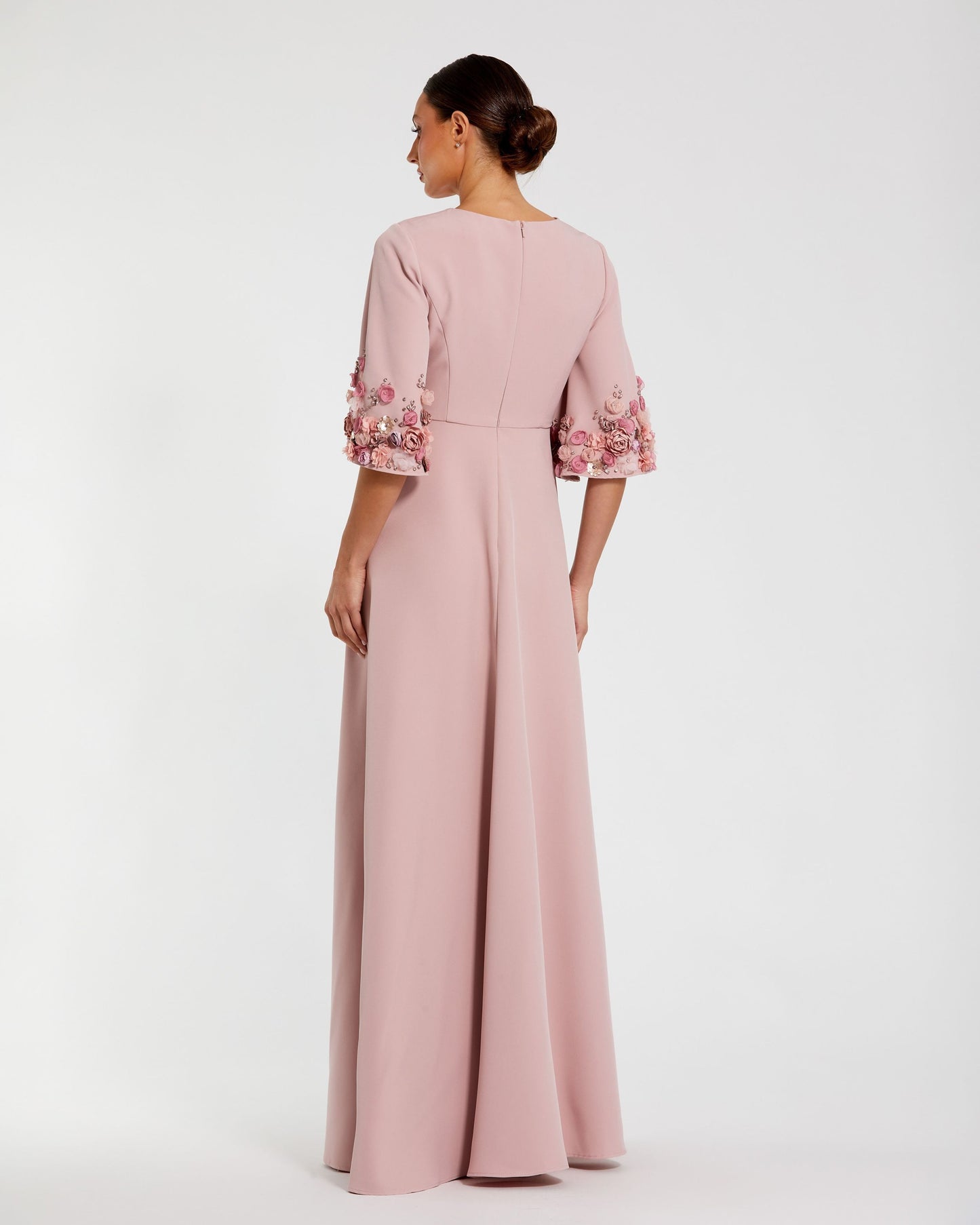 Petite Pink Crepe 3/4 Sleeve A-line Gown With Flower Trim Mac Duggal