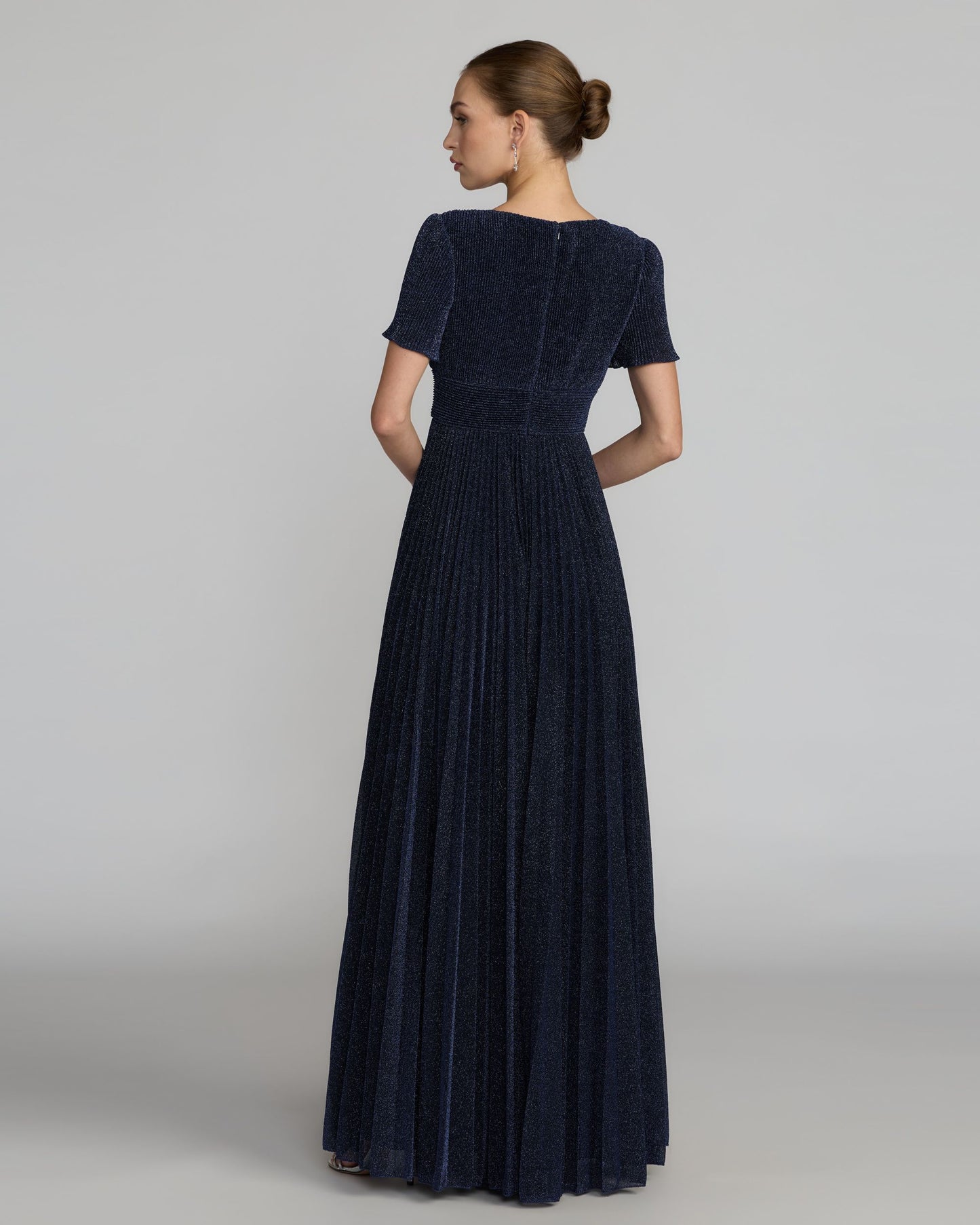 Petite Navy Pleated Metallic Flutter Sleeve A Line Gown Ieena for Mac Duggal