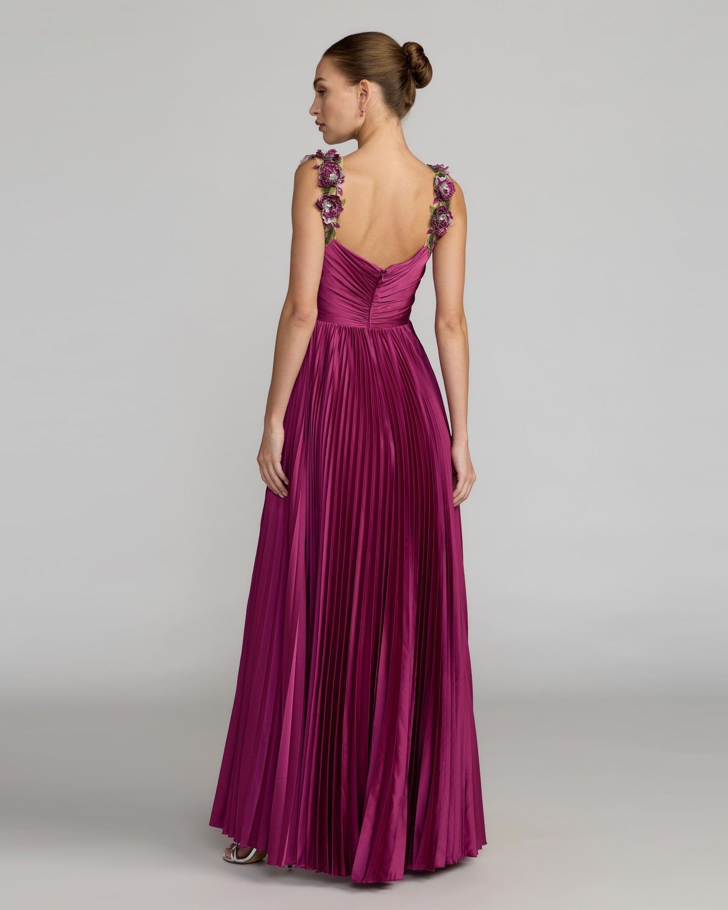 Purple Pleated High Low Gown With 3D Floral Straps Ieena for Mac Duggal
