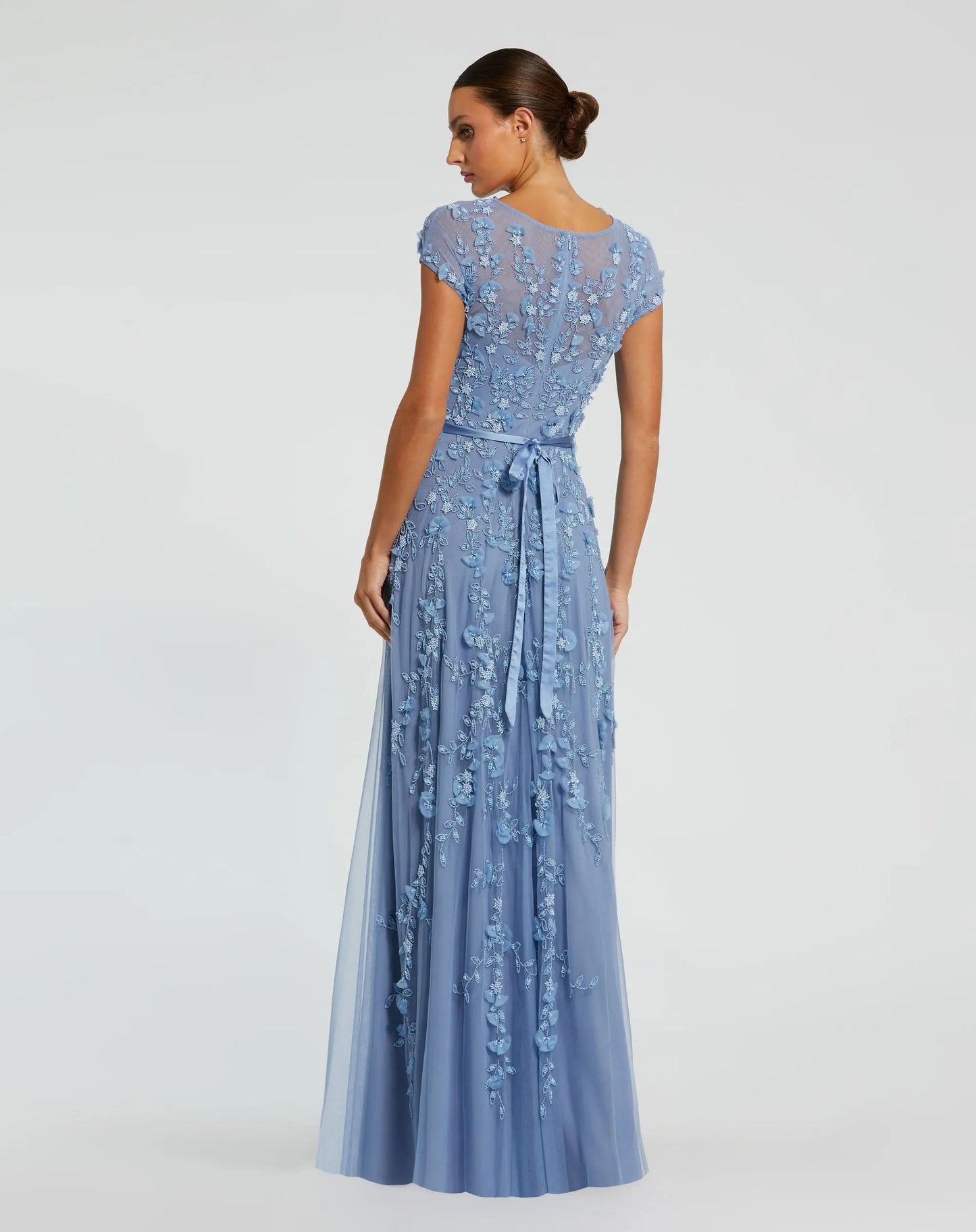 Petite Blue Floral Embellished Cap Sleeve Gown - Mac Duggal
