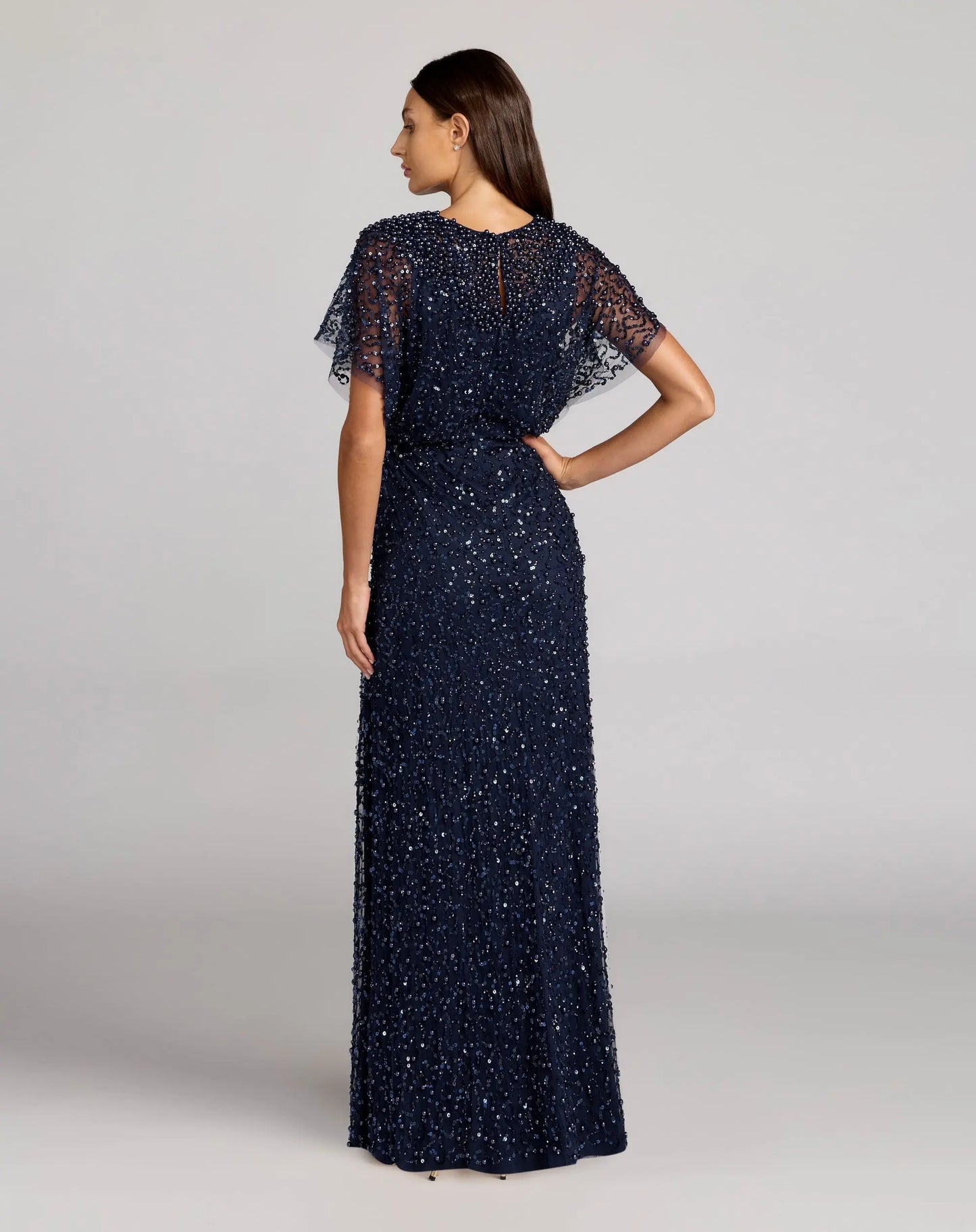 Petite Navy High Neck Short Sleeve Embellished Gown - Mac Duggal