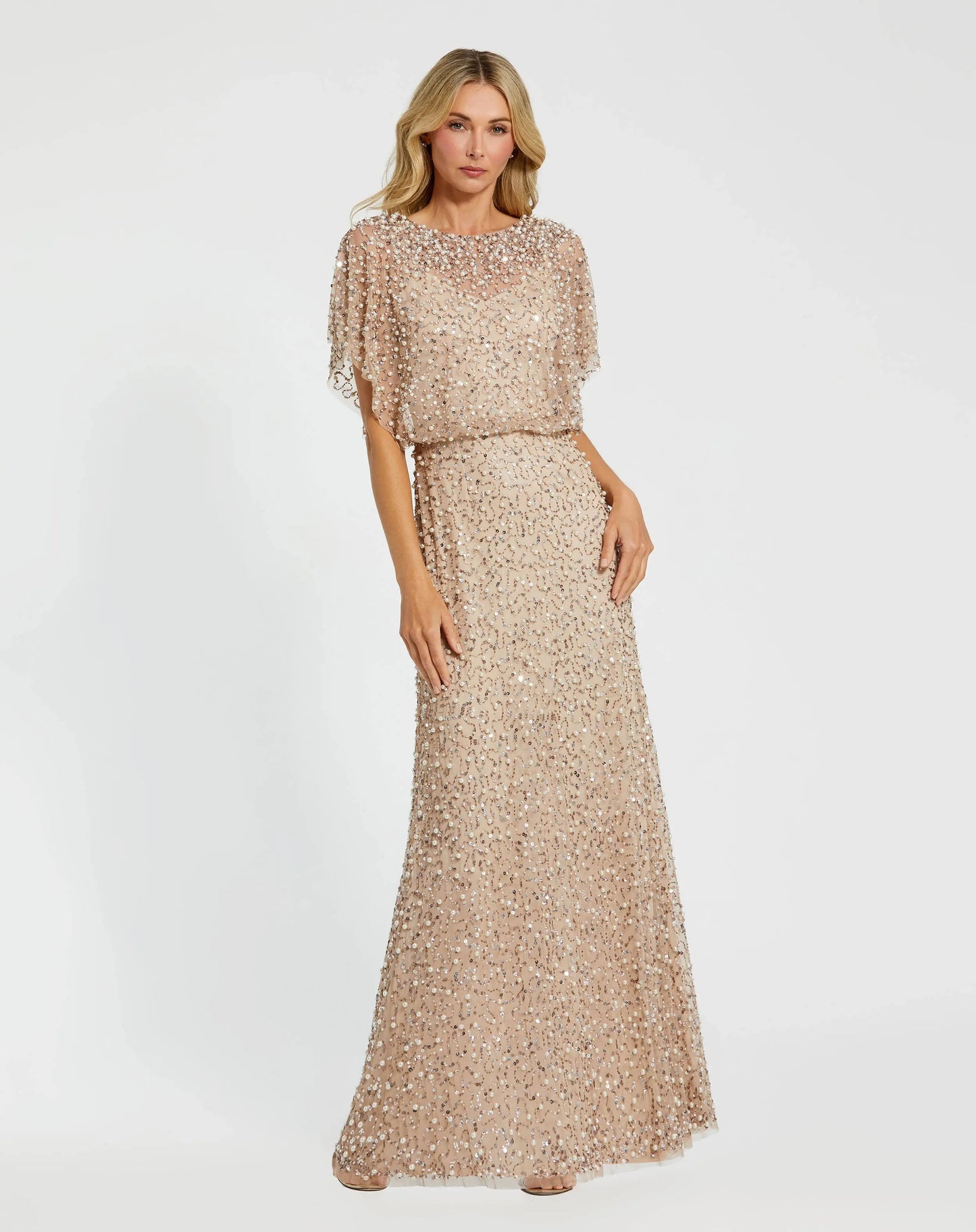 Petite Beige High Neck Short Sleeve Embellished Gown - Mac Duggal