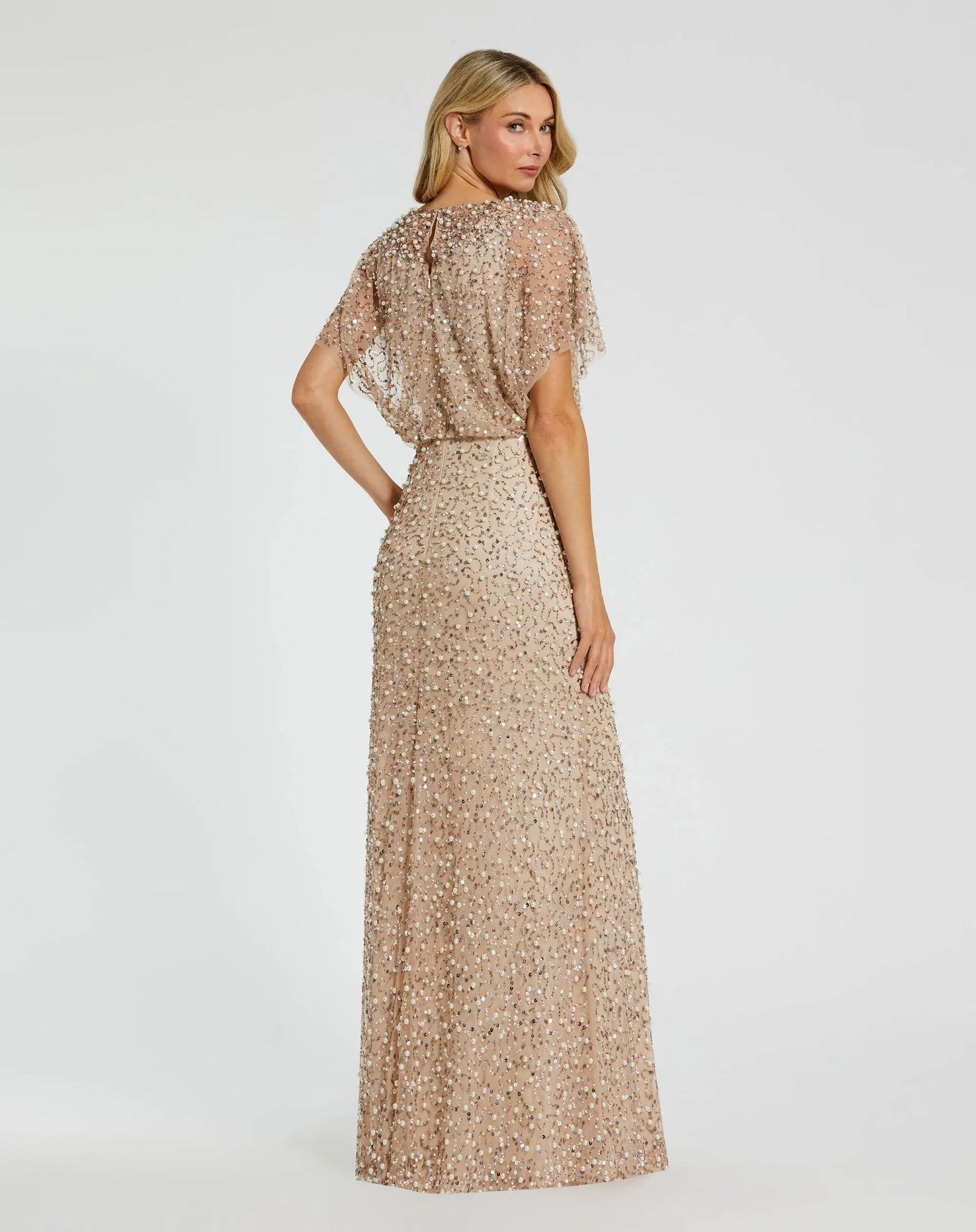 Petite Beige High Neck Short Sleeve Embellished Gown - Mac Duggal